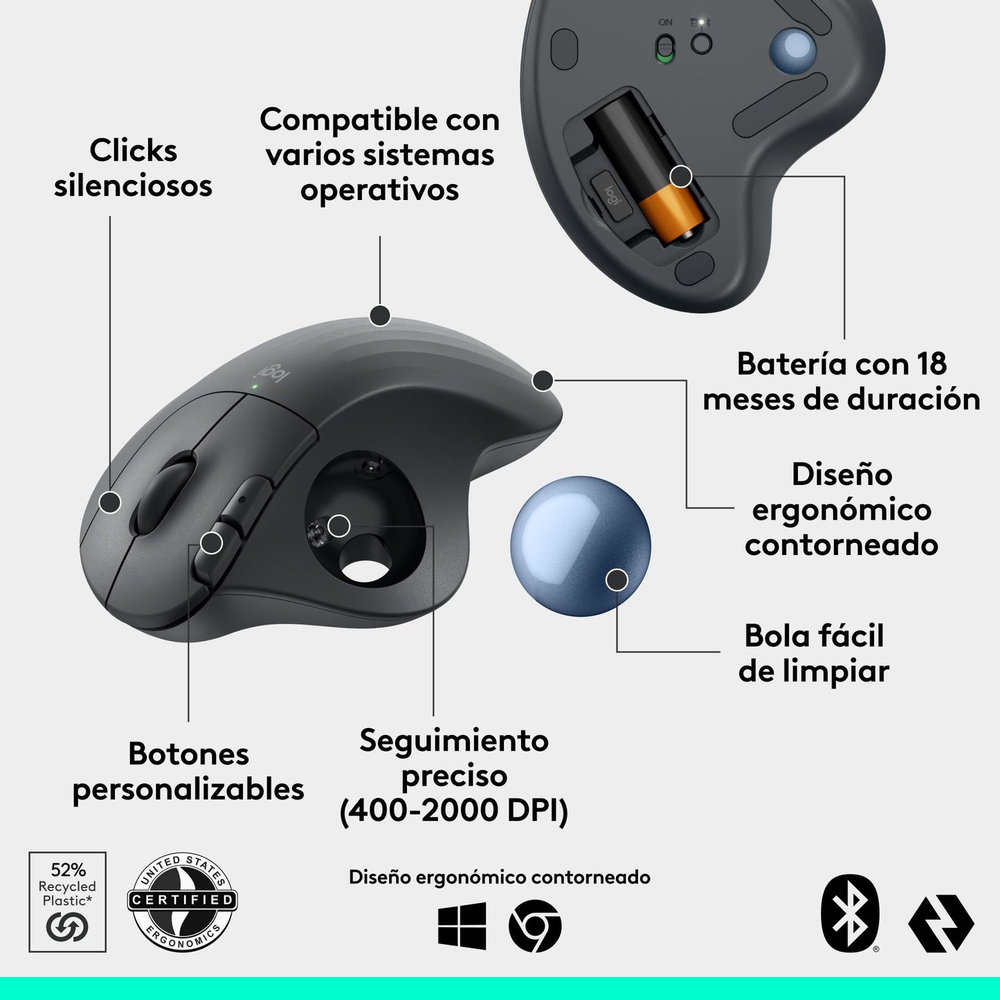 Logitech Ergo M575S Mouse inalámbrico con trackball, Mouse ergonómico inalámbrico con Bluetooth y dongle cifrado, Control cómodo con el Pulgar, Seguimiento preciso y Fluido, para PC/Mac - Grafito