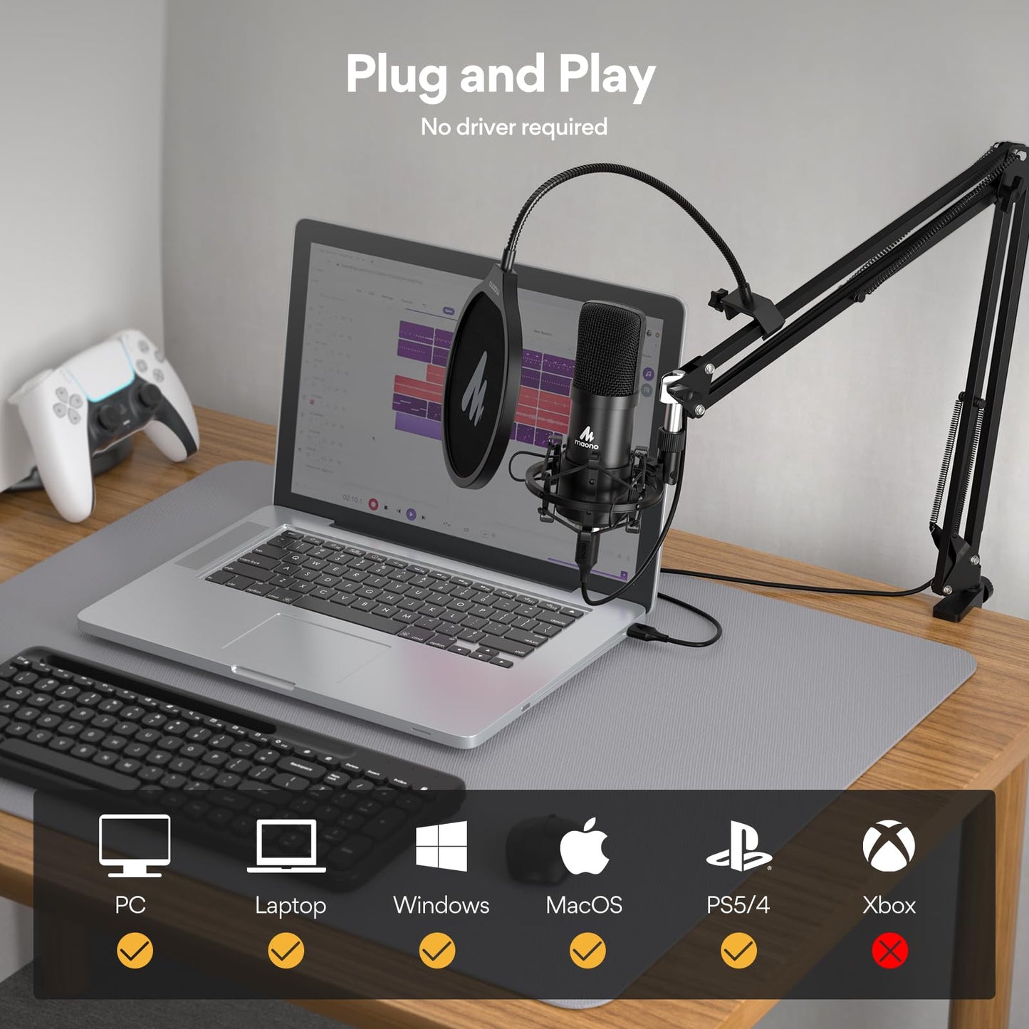 Kit de micrófono USB 192KHZ, 24BIT Plug & Play MAONO AU-A04 USB para computadora cardioide micrófono podcast condensador (Reacondicionado)