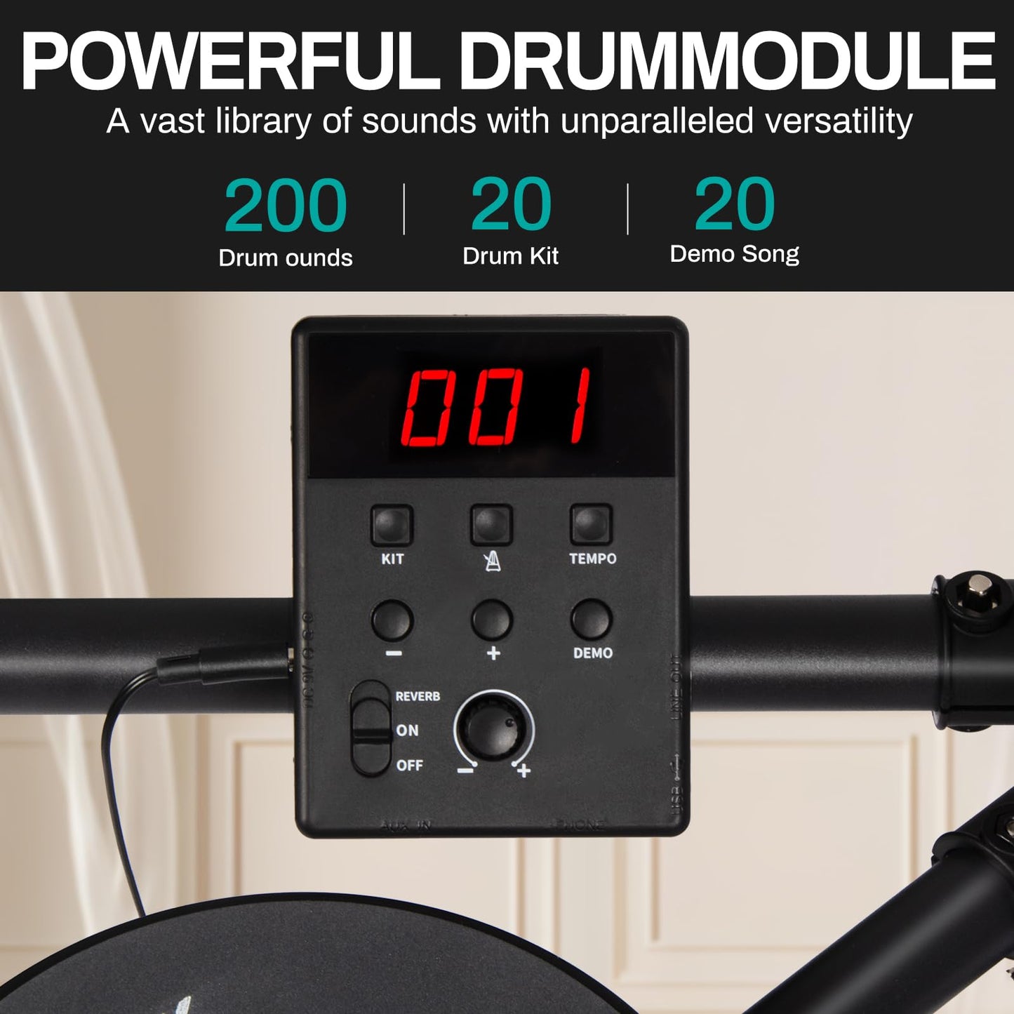 AODSK - Juego de batería eléctrica con 4 almohadillas para orejas silenciosas, portátil y sólido para principiantes con 200 sonidos, pedal de 2 interruptores, trono de batería, baquetas y auriculares
