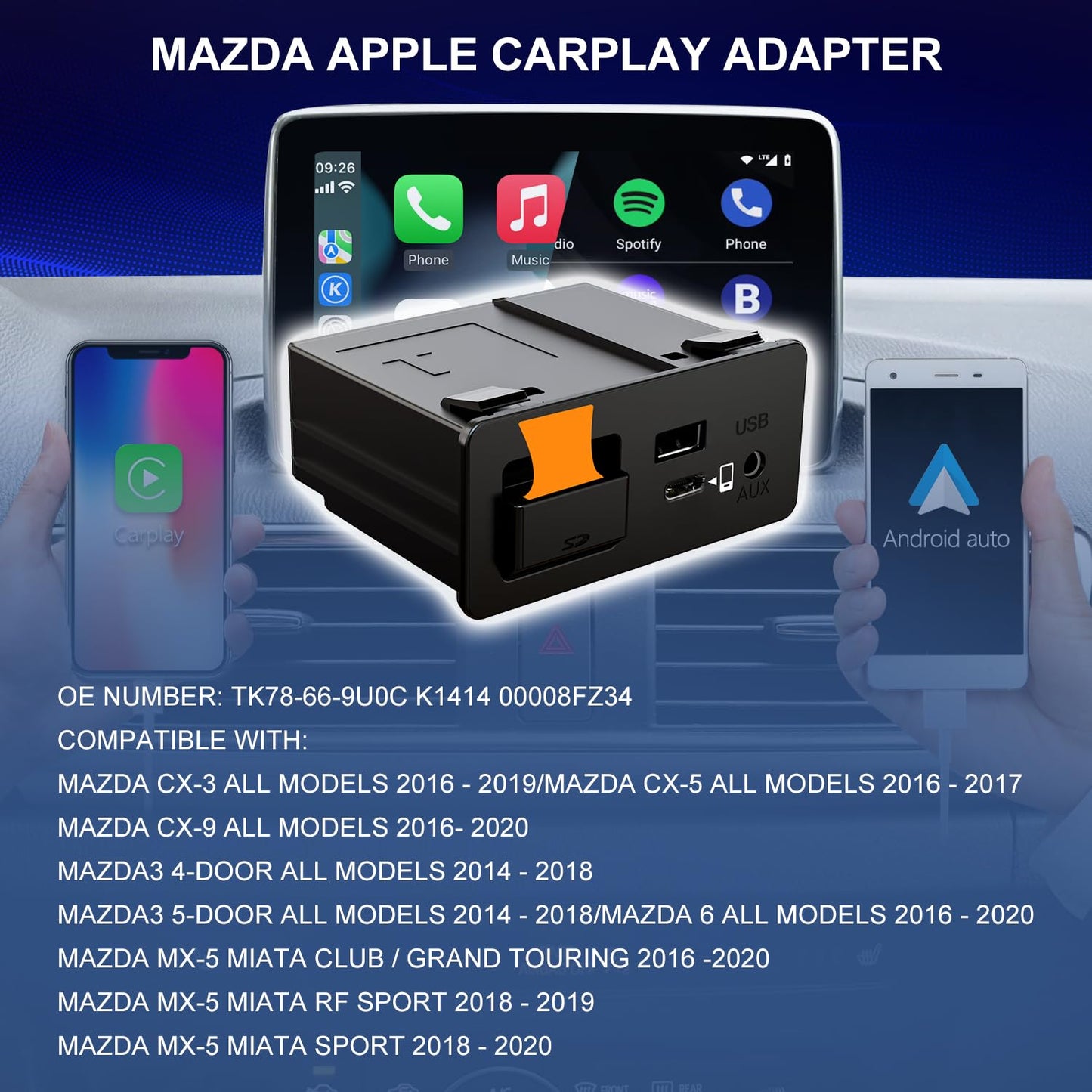 HMYC Mazda Carplay y Android Auto Retrofit Kit, TK78-66-9U0C OEM Media Hub se adapta al sistema MZD Connect, compatible con Mazda 2/3/6/CX3/CX5/CX9/MX5 2014-2019 años (interfaz de carga rápida tipo c)
