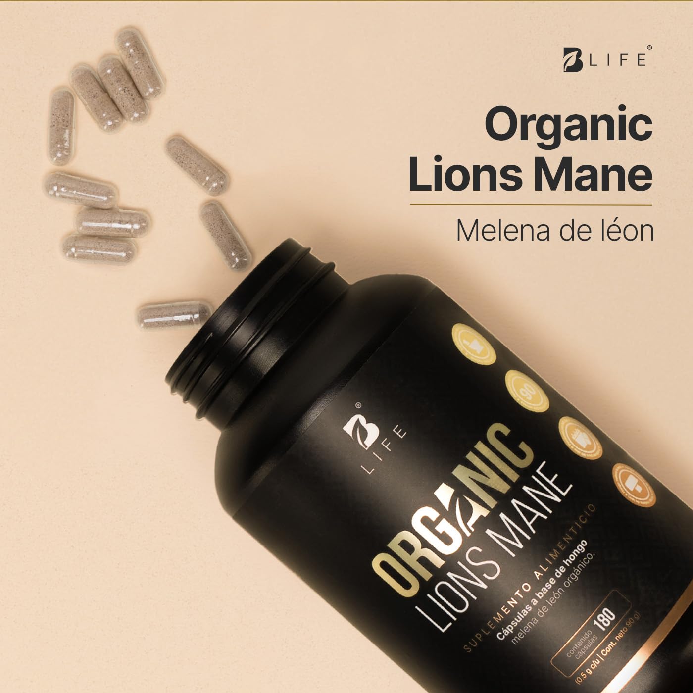 Hongo Melena de León | 100% Orgánico 1000 mg por porción. Adaptógeno Natural. 180 Cápsulas. Organic Lions Mane B Life.