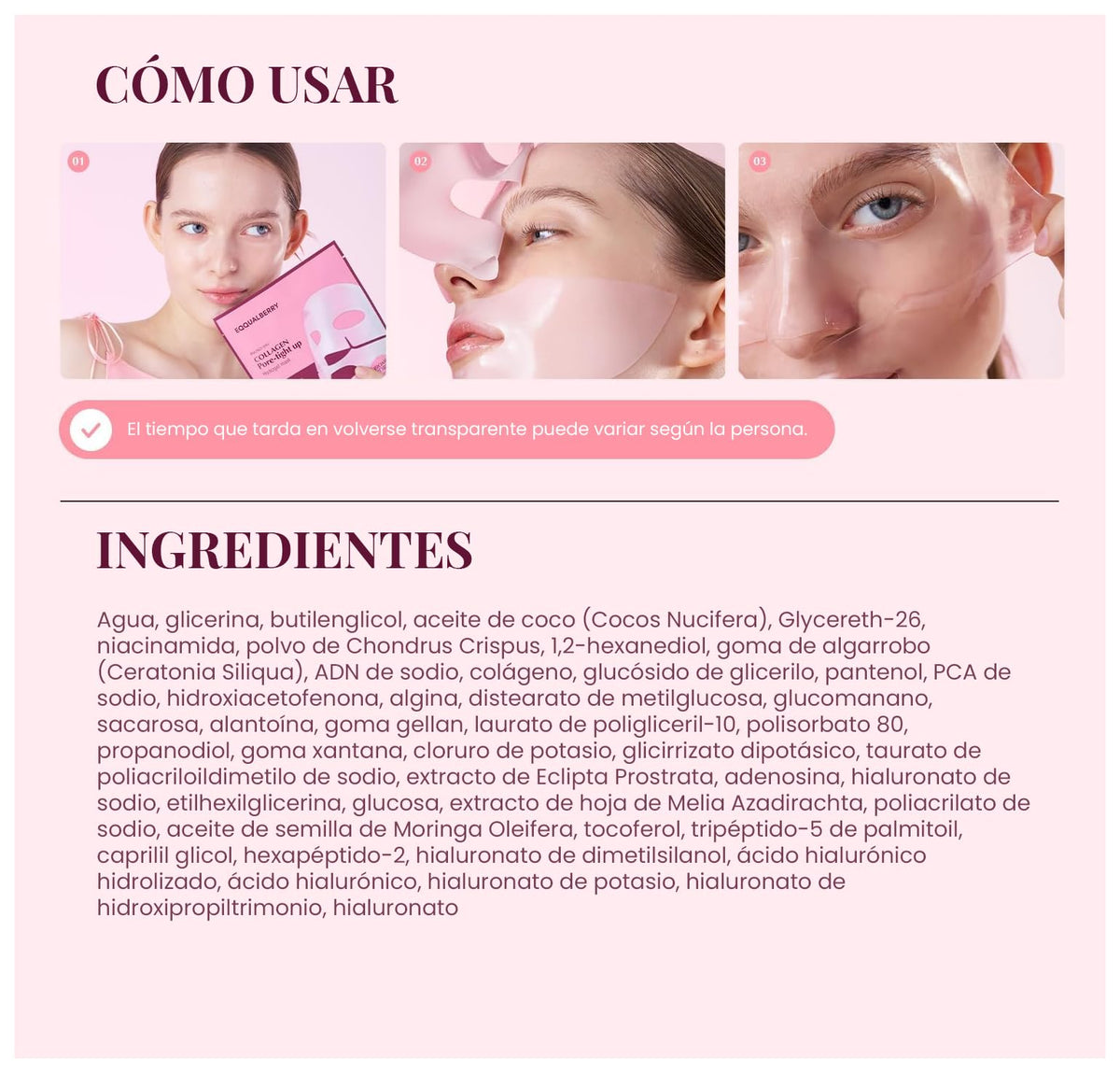 EQQUALBERRY Mascarilla Facial en Lámina Colágeno PDRN Péptidos