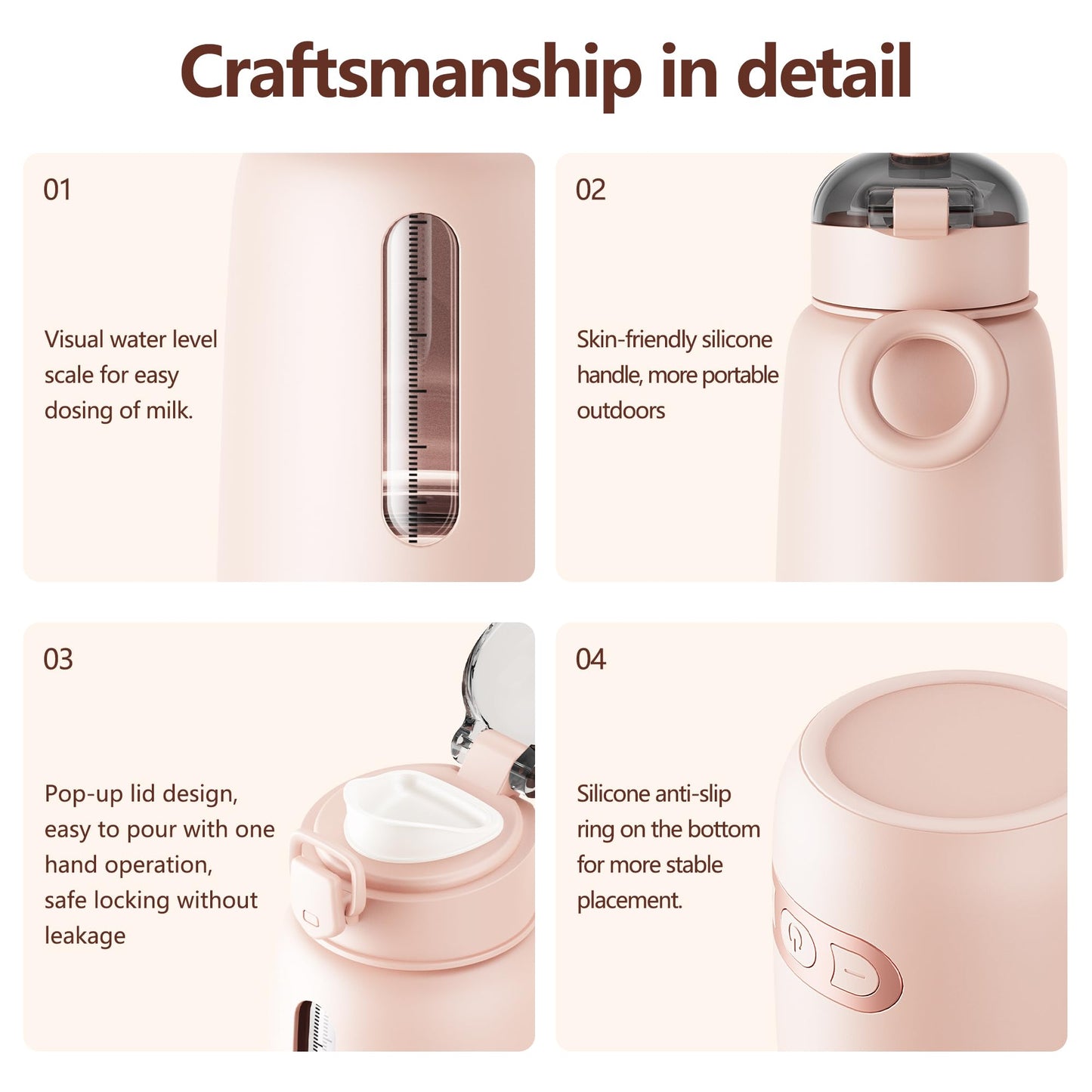 Calentador de biberones portátil rosa para viajes, calentador de leche para bebés con batería de 15000 mAh, recipiente para fórmula para llevar, calentamiento rápido para leche materna y fórmula, carga rápida e inalámbrico