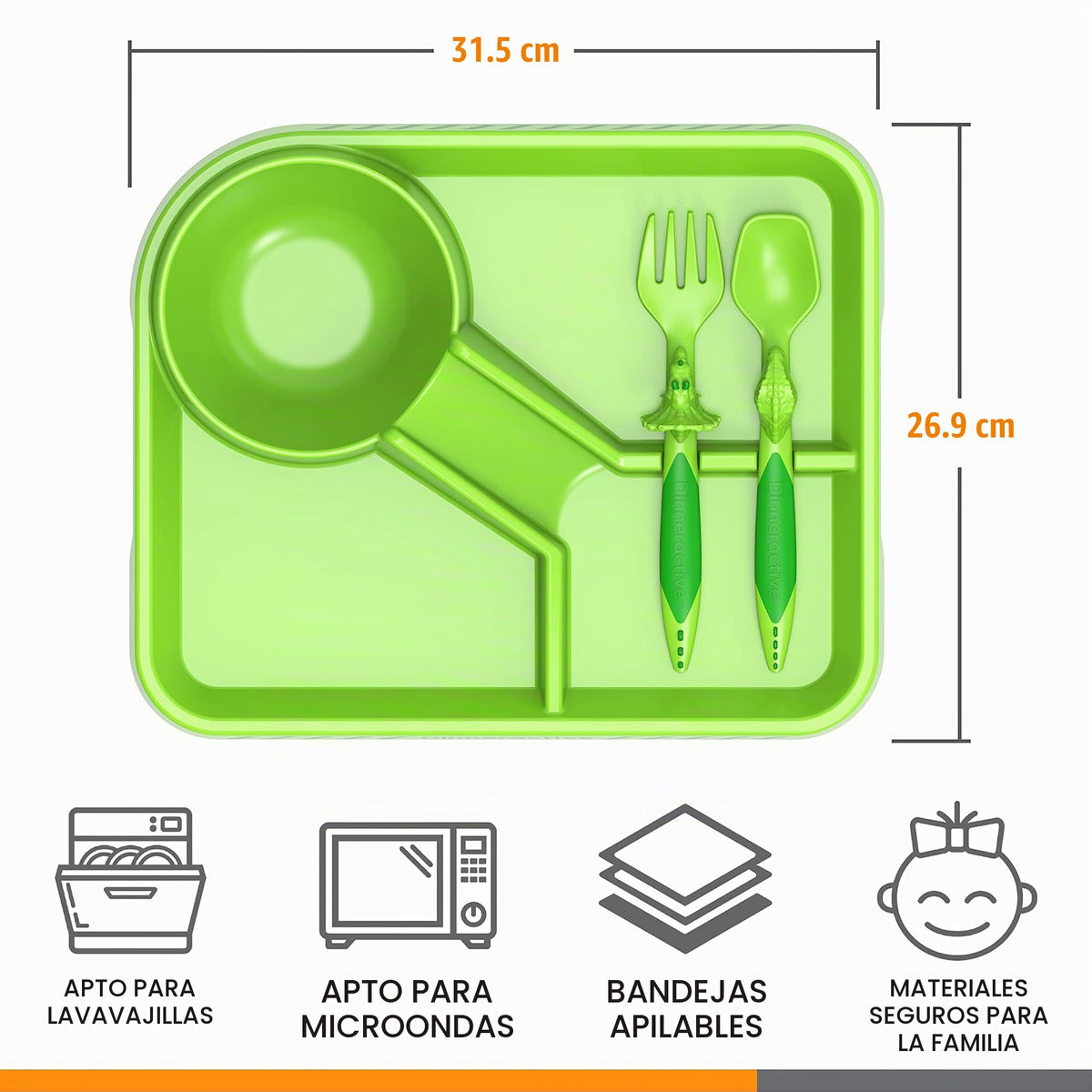 Dinneractive - Juego de comedor para niños, vajilla de dinosaurio verde, 3 piezas, utensilios de dinosaurio, platos para niños pequeños, platos para bebés