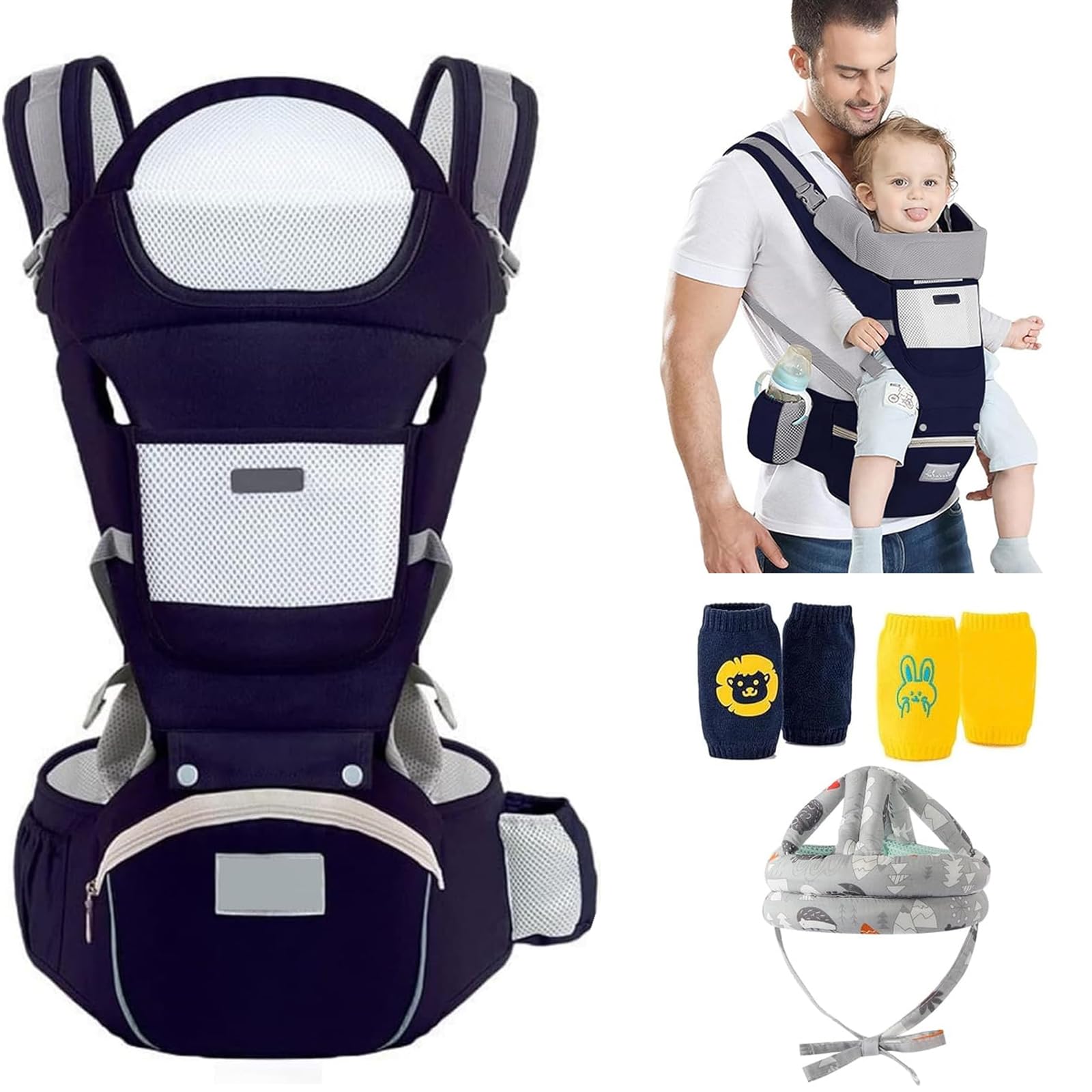 Mochila Portabebé Multifuncional Algodón Azul Oscuro con Asiento de Cadera y Accesorios para Niños