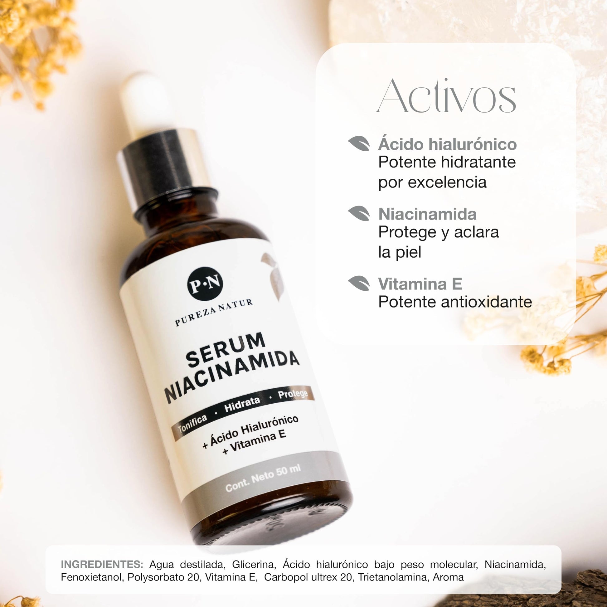 PUREZA NATUR Suero facial Niacinamida B3, Vitamina E y Acido hialurónico 50ml | Serum Niacinamide para todos tipos de piel skin barrier hidratante, antioxidante potente reductor de ojeras y líneas de expresión (50ml)