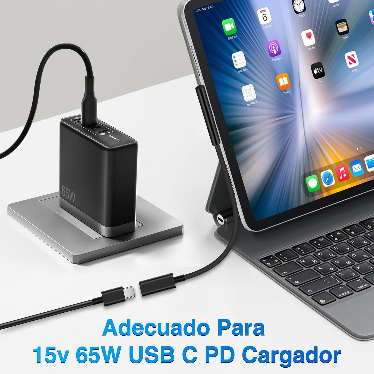 Adaptador de Carga Tipo C Hembra a Microsoft Surface en Negro Carga Rápida 65W para Surface Pro 3/4/5/6 GO Book 1/2 Laptop 1/2