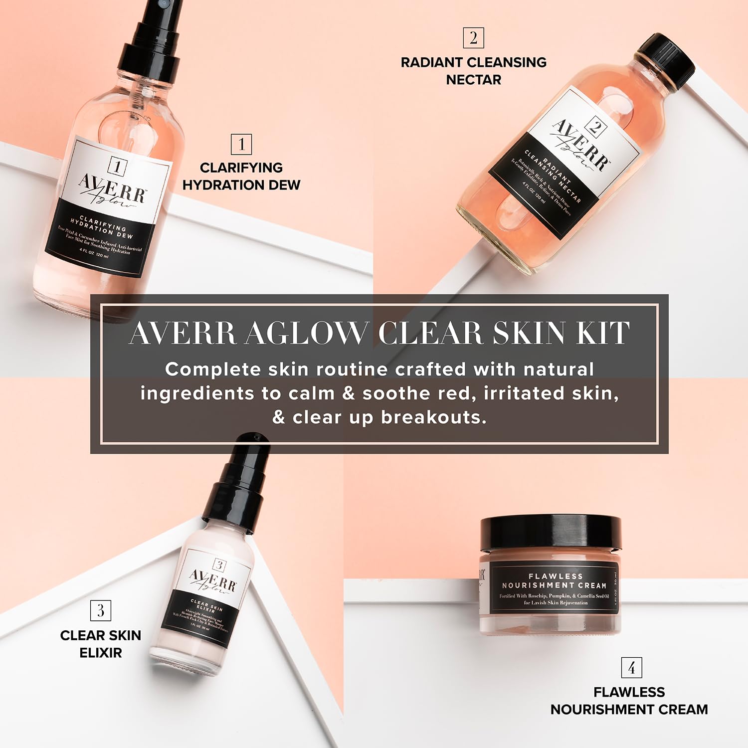 Averr Aglow Clear Skin Kit, Acne Treatment Kit, Face Skin Care, Breakouts Black Spot Remover, Natural Solution 4PC, Control Blemishes & Redness, All Natural Face Care Solution Set