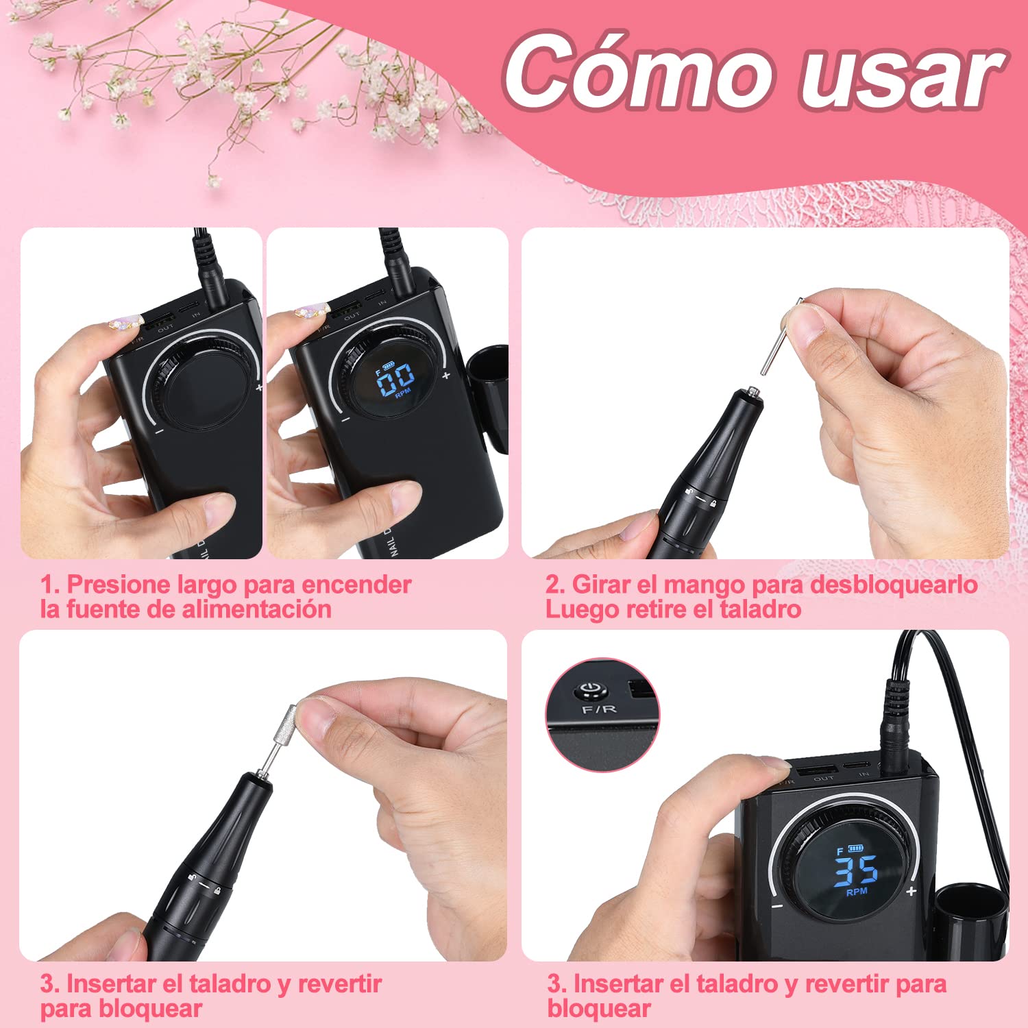 Pulidor de Uñas Eléctrico 35000 rpm | Kit Profesional con 6 Accesorios
