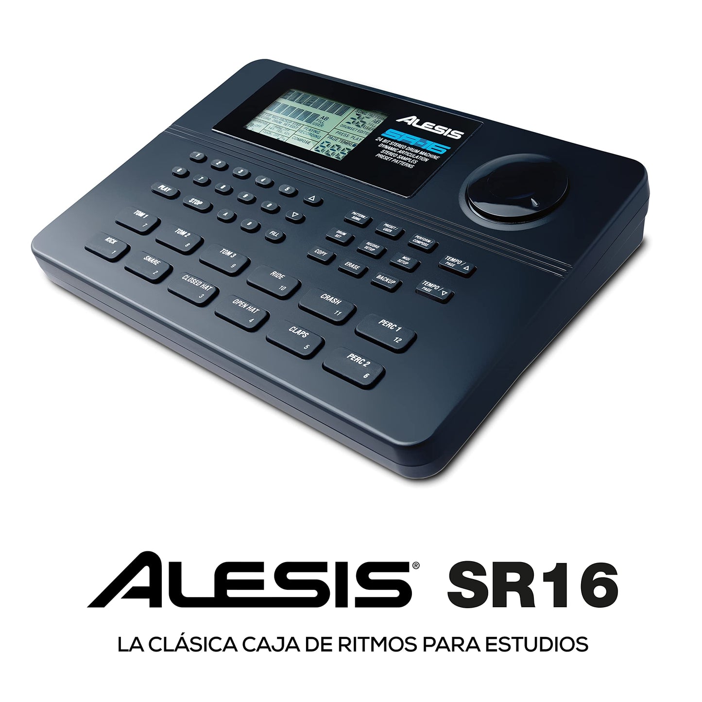 Alesis SR16 - Caja de ritmos de 24-bit estéreo con 12 pads, 233 sonidos asignables y efectos incorporados, varias entradas y salidas, 100 patterns