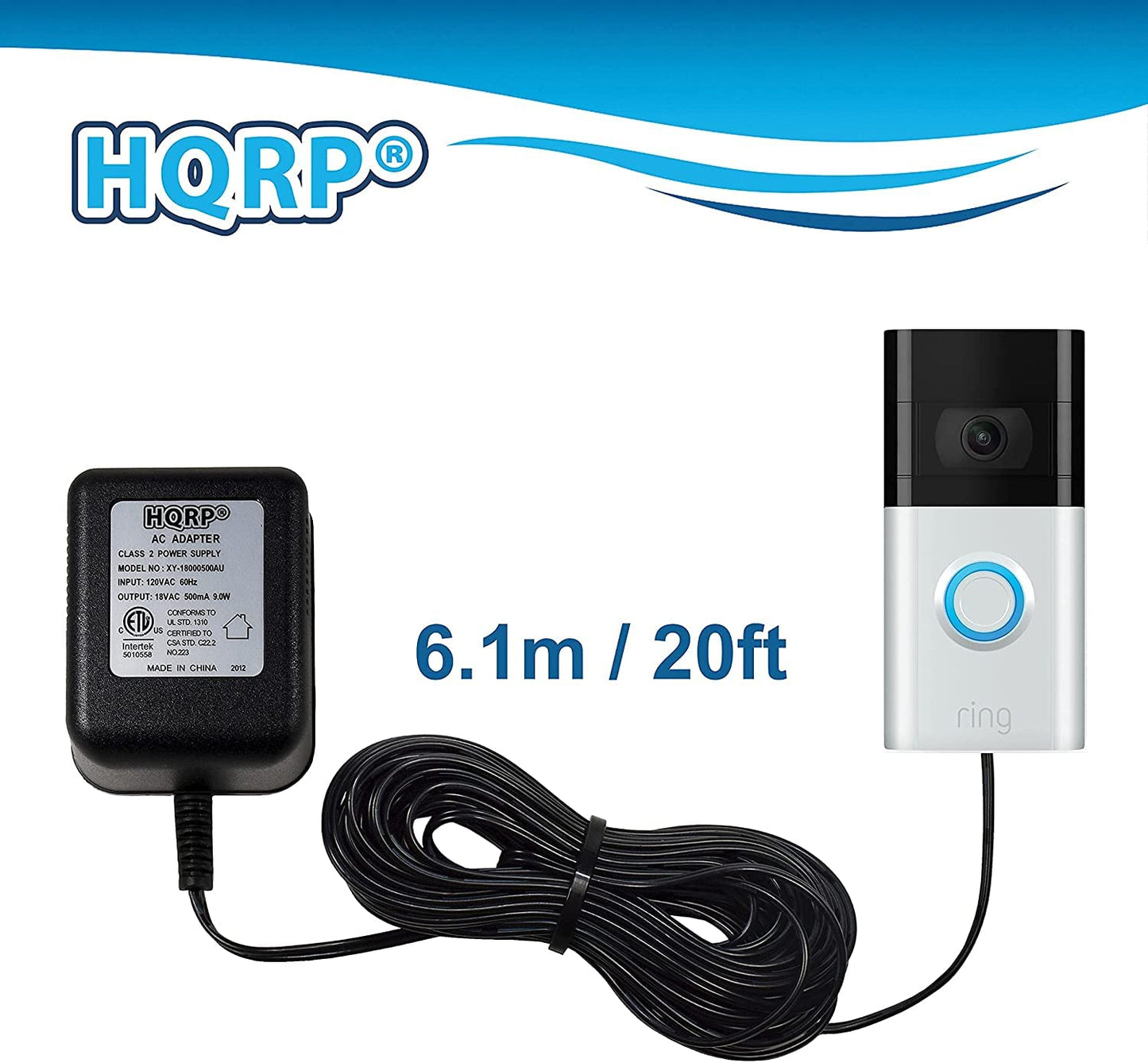 HQRP Transformador adaptador de corriente alterna de 18 voltios compatible con timbres de video inteligentes Nest Hello, Ring, Ring-2, Ring-3, Arlo, Zmodo, Eufy fuente de alimentación, cable de 20