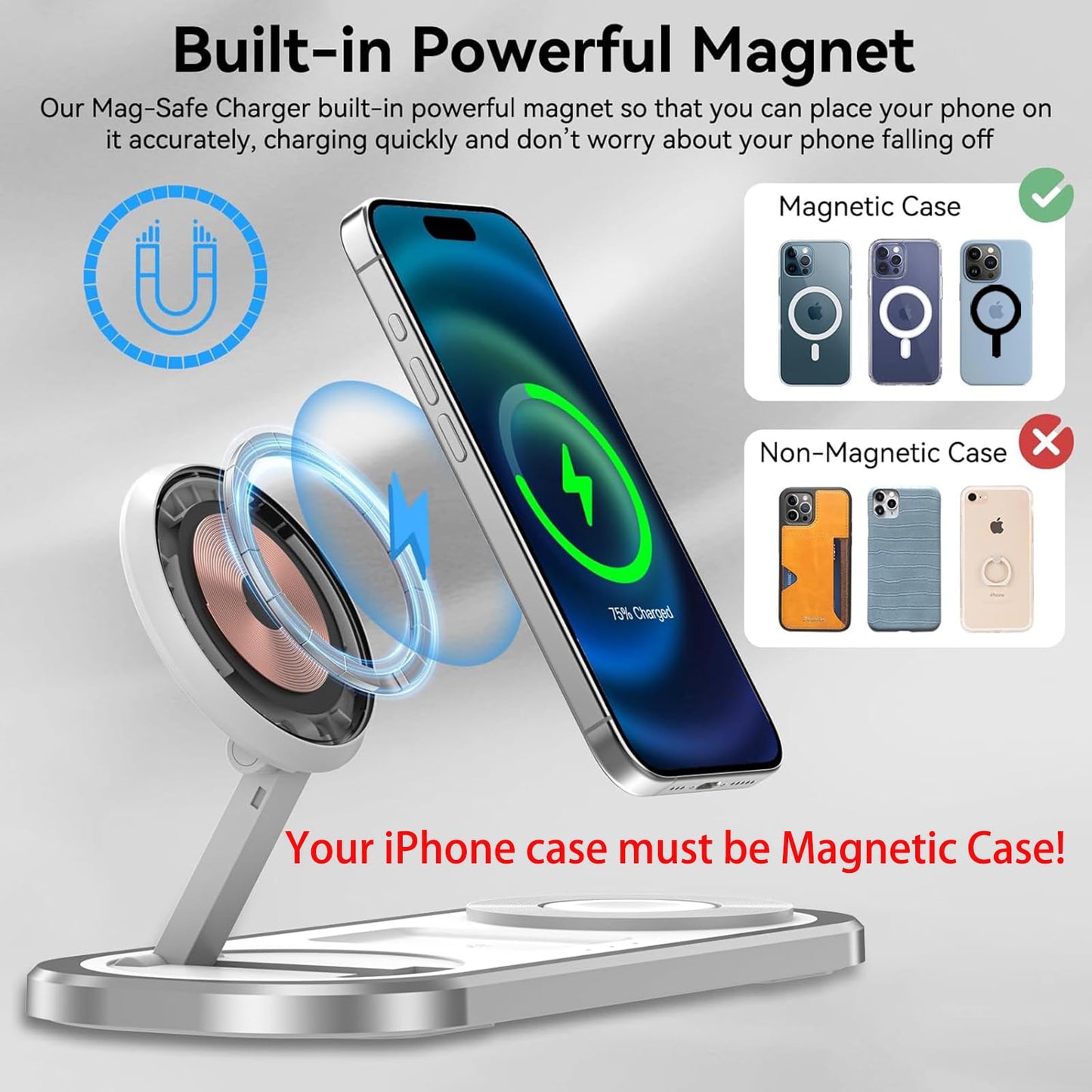 Cargador inalámbrico 3 en 1, estación de Carga Plegable para Magsafe para iPhone 16/15/14/13/12/Pro MAX/Pro/Mini/Plus, para Apple Watch 10/9/8/7/SE/6/5/4/3/2/1/Ultra2/Ultra, para AirPods pro/2/3/4