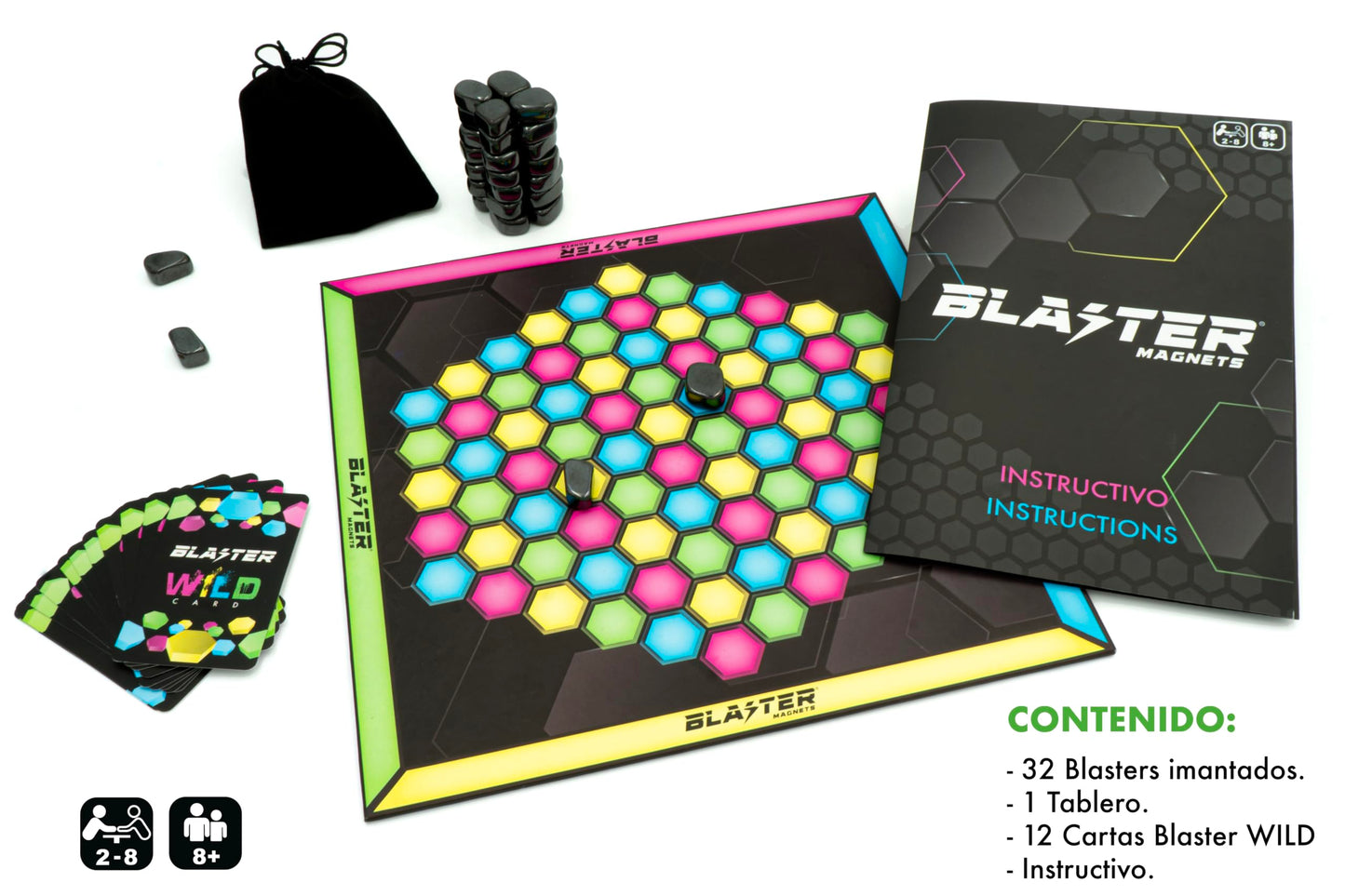 Blaster Magnets Juego de Mesa Original Juego de Imanes Que te atrapará! Ajedrez magnético, 32 Piedras magnéticas! Tablero de Colores,12 Cartas, 2 a 8 Jugadores, Fiestas, Familiar, Estrategia.
