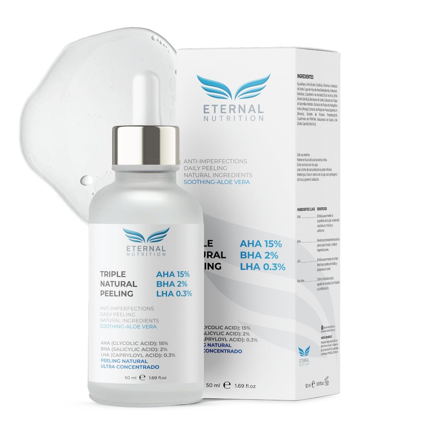 Serum TRIPLE NATURAL PEELING AHA 15%, BHA 2%, LHA 0.3%. 50 ml. Suero Peeling natural concentrado | Ingredientes Naturales | Skin Care | Piel Sana y Joven Uniforme | Textura Ligera | Para Todo Tipo de Piel by ETERNAL NUTRITION