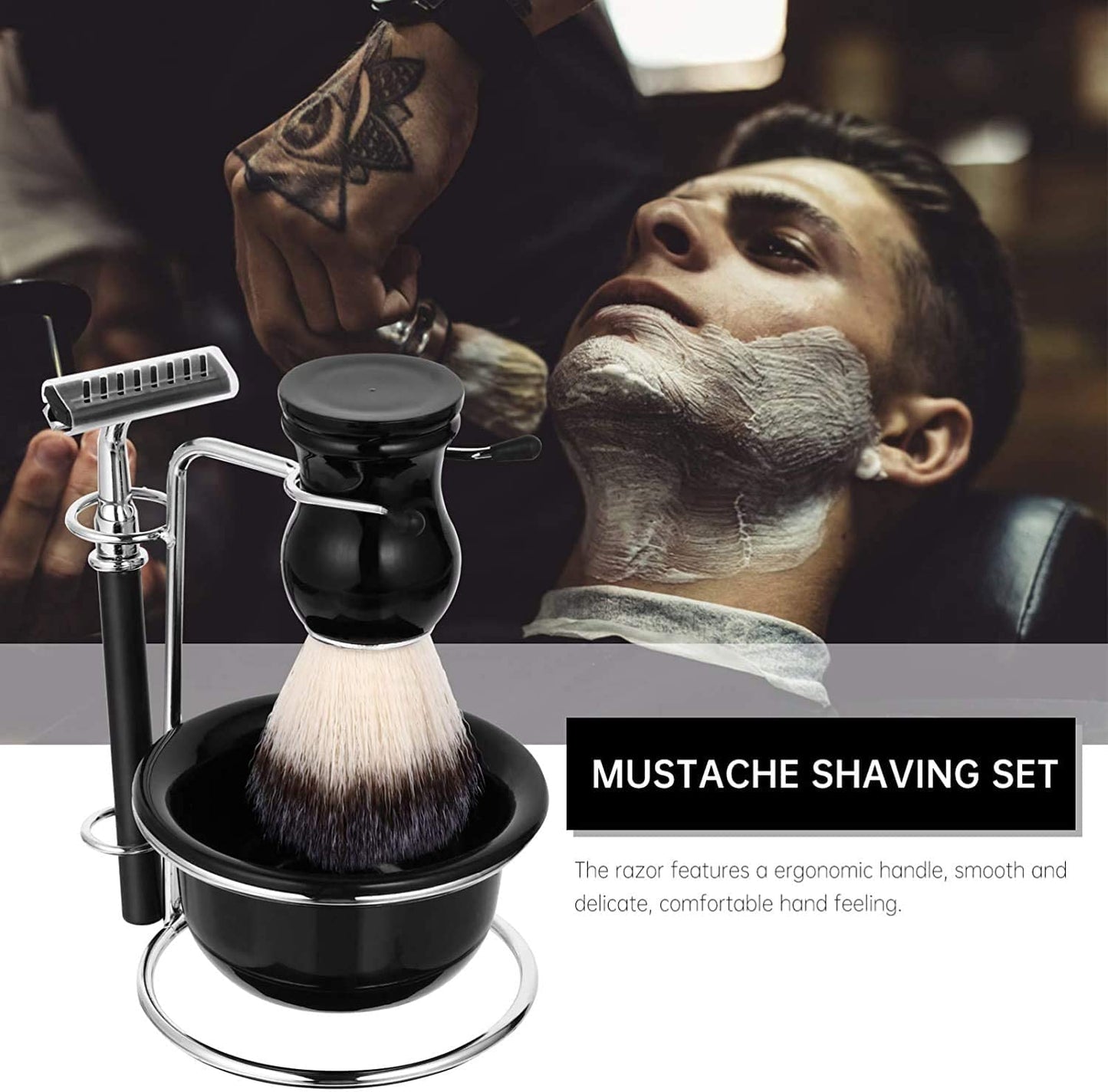 Juego de herramientas de afeitado para hombre con jabonera + cepillo de afeitado + soporte para cepillo + maquinilla de afeitar (4 cuchillas reemplazables), kits de afeitado para hombres, gran opción de regalo para tu hombre, marido, padre o hermano