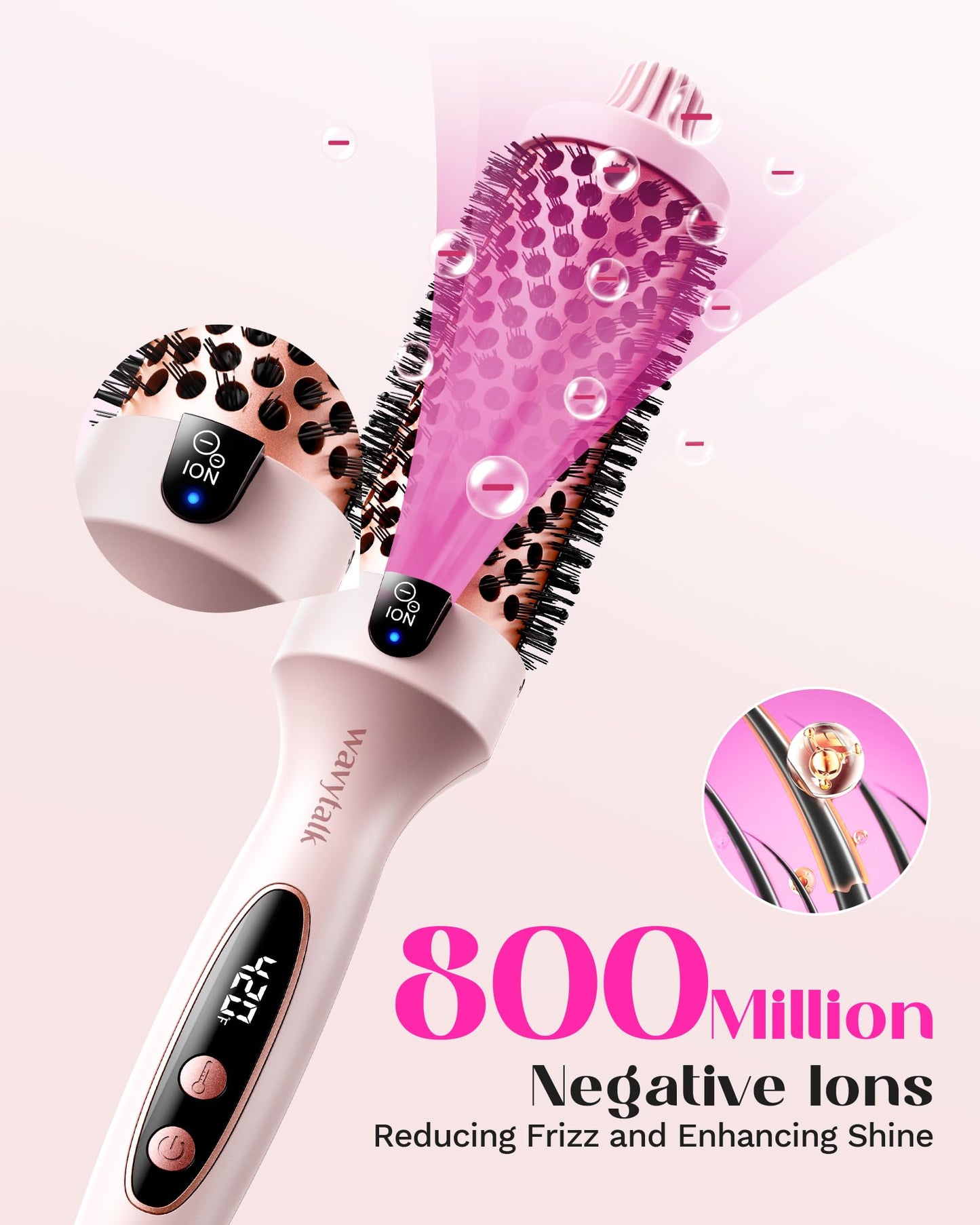 Wavytalk - Cepillo térmico de 1.5 pulgadas para un aspecto de soplado, doble voltaje, rosa, Sakura, cerámica de turmalina, tecnología de iones negativos, 5 ajustes de temperatura, menos daño