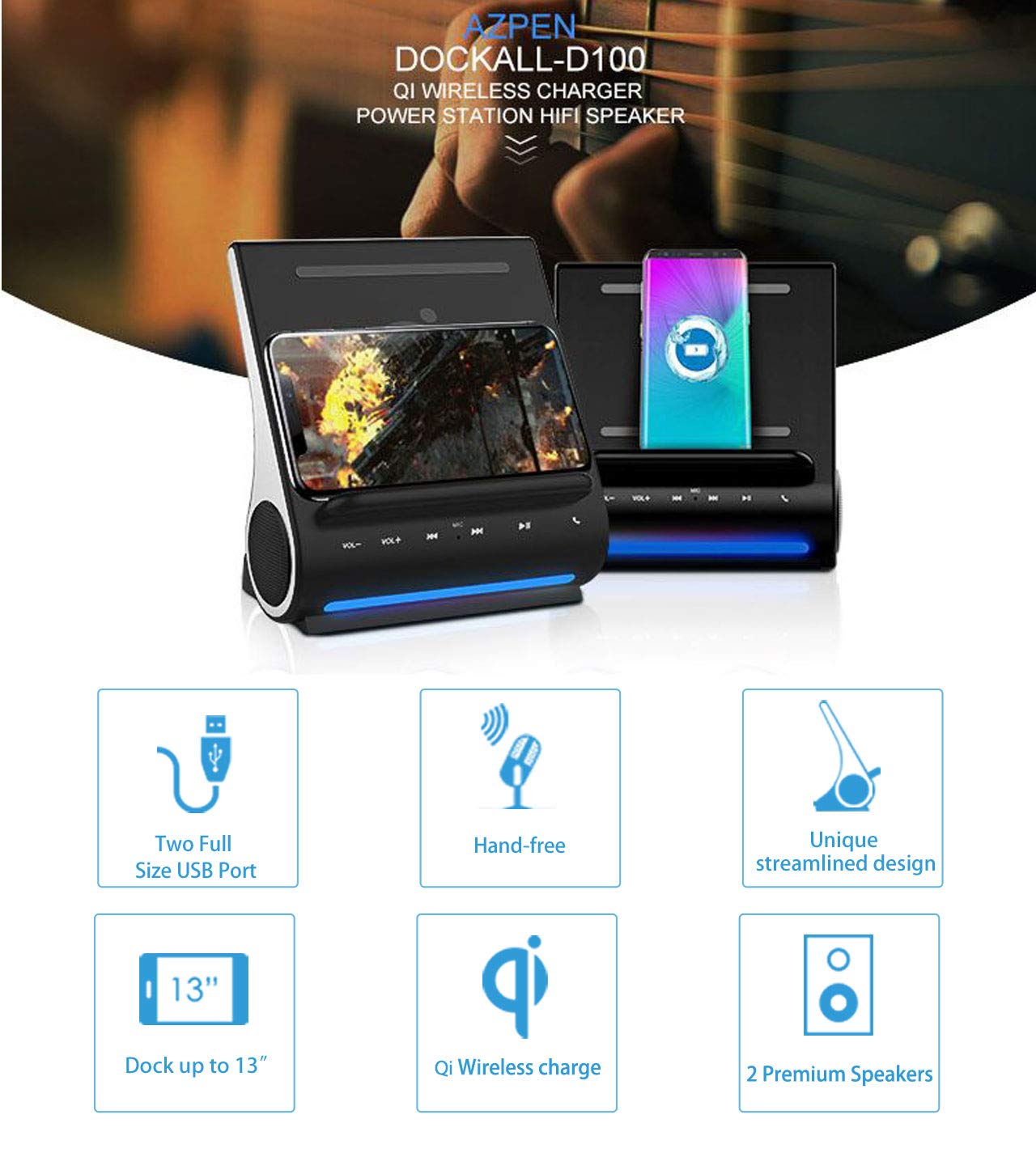 Azpen Dockall D100 - Qi Wireless Charger, Bluetooth Premium Speakers, Docking Station with Built in Mic Handsfree Call, 3 in 1 Station for iPhone and Samsung Phone