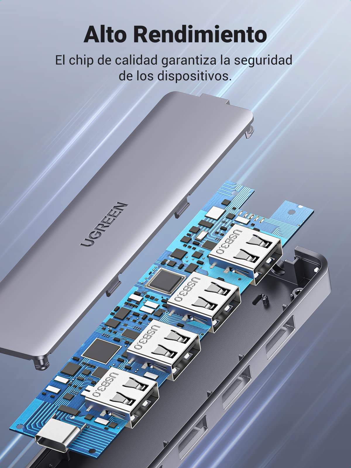 Adaptador USB C UGREEN Plata con 4 Puertos USB 3.0 para Dispositivos Tipo C