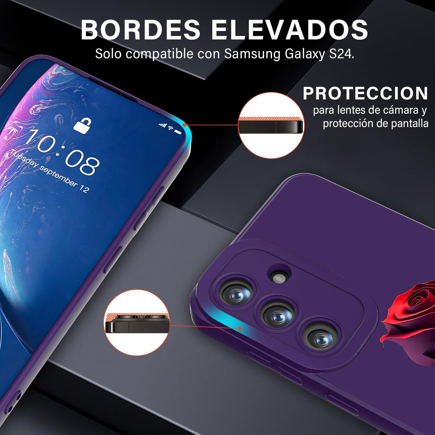 Threehao Funda para Samsung Galaxy S24 Case Uso Rudo, Ultra Delgado Flexible Silicona Púrpura Carcasa con Aesthetic Dibujos Flores, Antigolpes Anti-arañazos Protectora