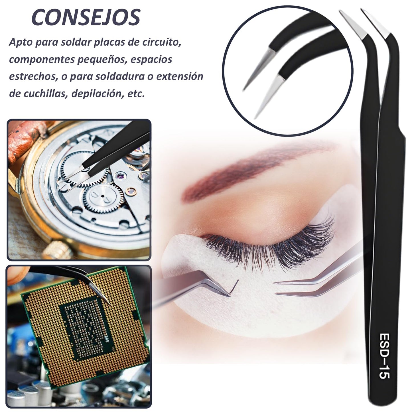 KASIKAI Kit de 10 Tweezers y Pinzas de Precisión ESD Antiestáticas - Chazón Profesional, Acero Inoxidable con Palanca Metálica + Maletín Oxford (Electrónica/Laboratorio/Joyería/Depilar)
