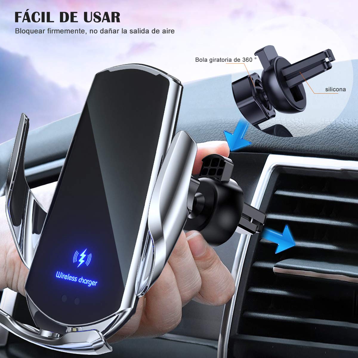 DQST Cargador de Coche Inalámbrico, Soporte de Teléfono para Coche, Soporte Cargador 2 en 1, Sujeción Automática, Soporte de Ventilación para Todos Teléfonos Móviles con Función de Carga Inalámbrica
