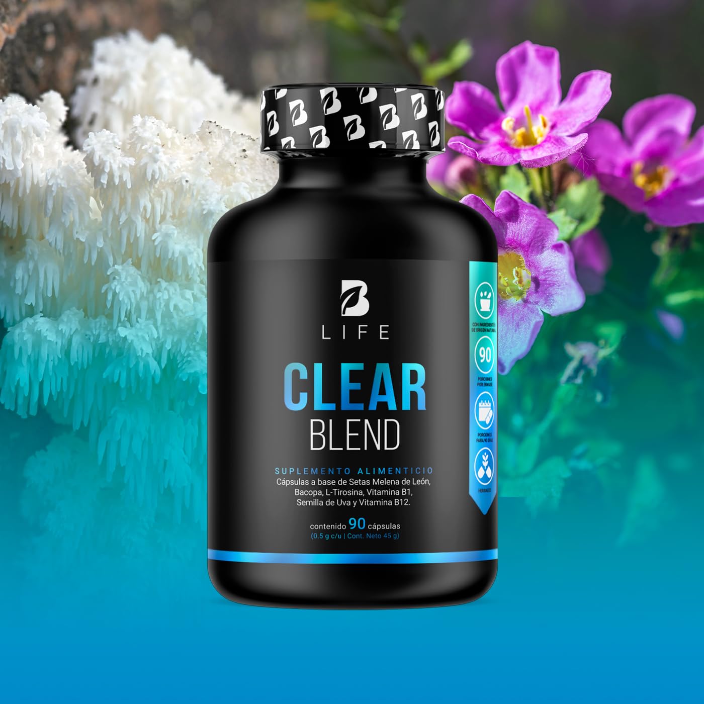 Clear Blend de 90 cápsulas. Ingredientes naturales: Hongo Melena de León, Bacopa, L-Tirosina, L-Teanina, Vitamina B1, Semilla de Uva Roja y Vitamina B12. Clear Blend B Life.