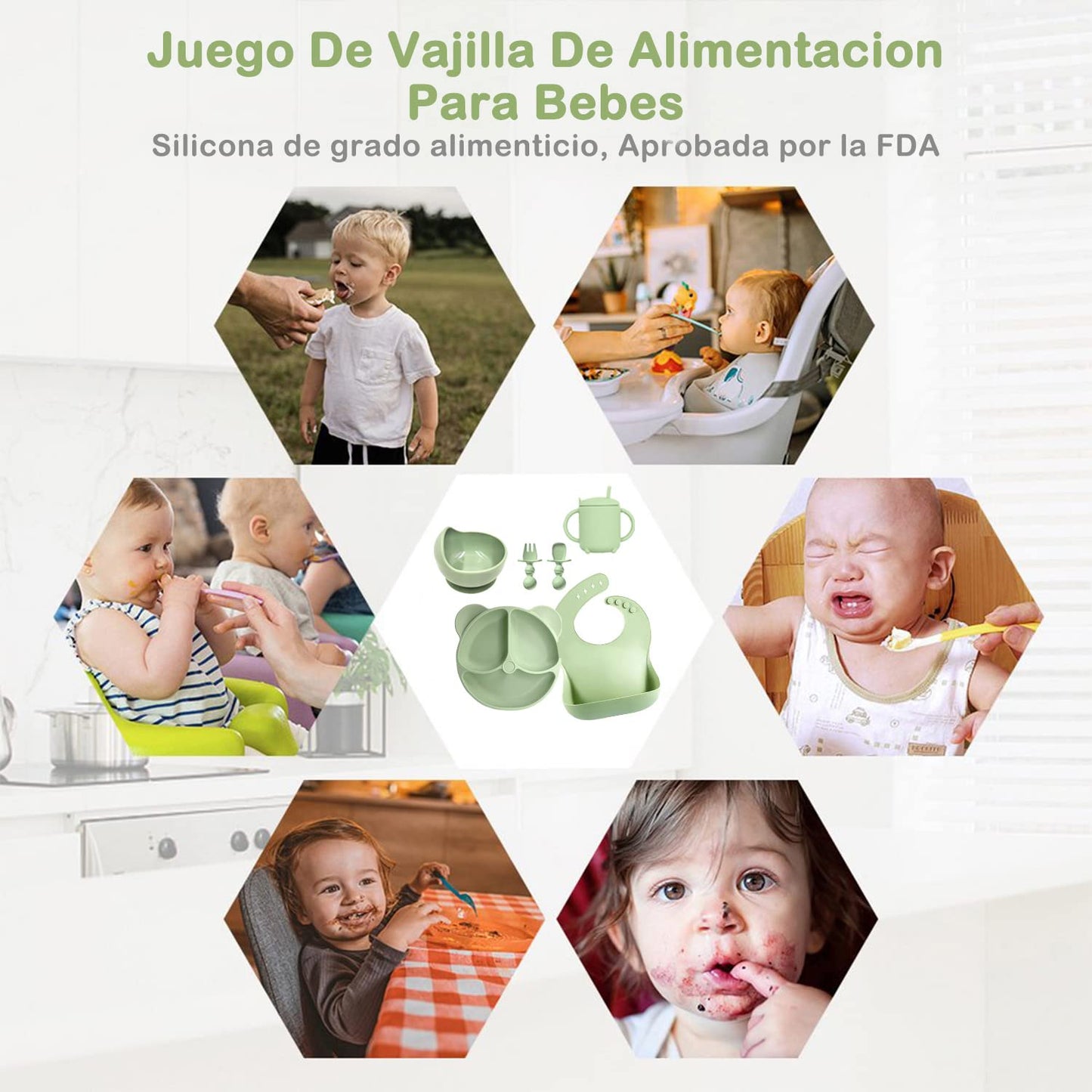 ALIYU Platos para Bebe Silicon 8PCS, Kit Alimentación Complementaria Bebe, Plato para bebe con ventosa, Baberos de silicona para bebe, Sin BPA, Fácil de limpiar, Vajilla bebe silicona (Verde)