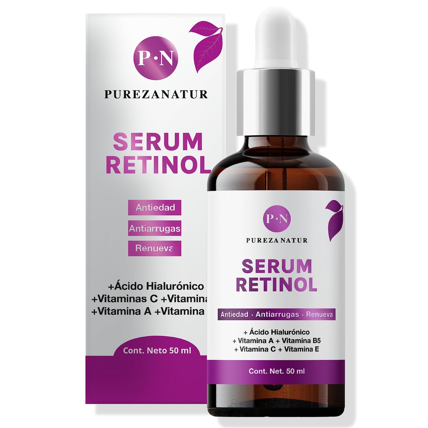 PUREZA NATUR Serum Retinol + Vitaminas A, B5, E, C + Acido hialuronico facial hidratante y reparador | Suero Reductor de líneas de expresión e imperfecciones en la piel 50ml