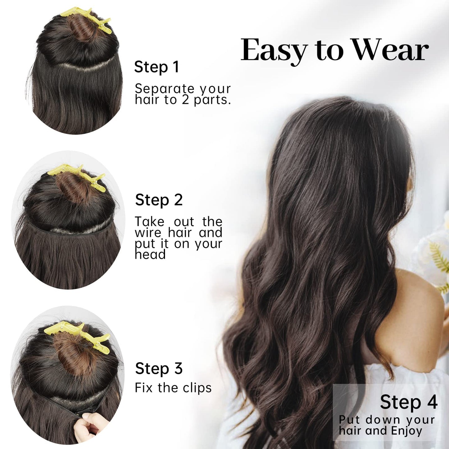 Slzhds Extensiones de Cabello Natural Ondulado, Extensión de Liga, Extensiones de Cabello Ondulado, Extensiones Halo con Diadema Invisible, 3/4 Cabeza Completa Ondulada Extensiones Cabello con Clip Seguros Extraíbles, Tamaño Ajustable, Resistente al Calor