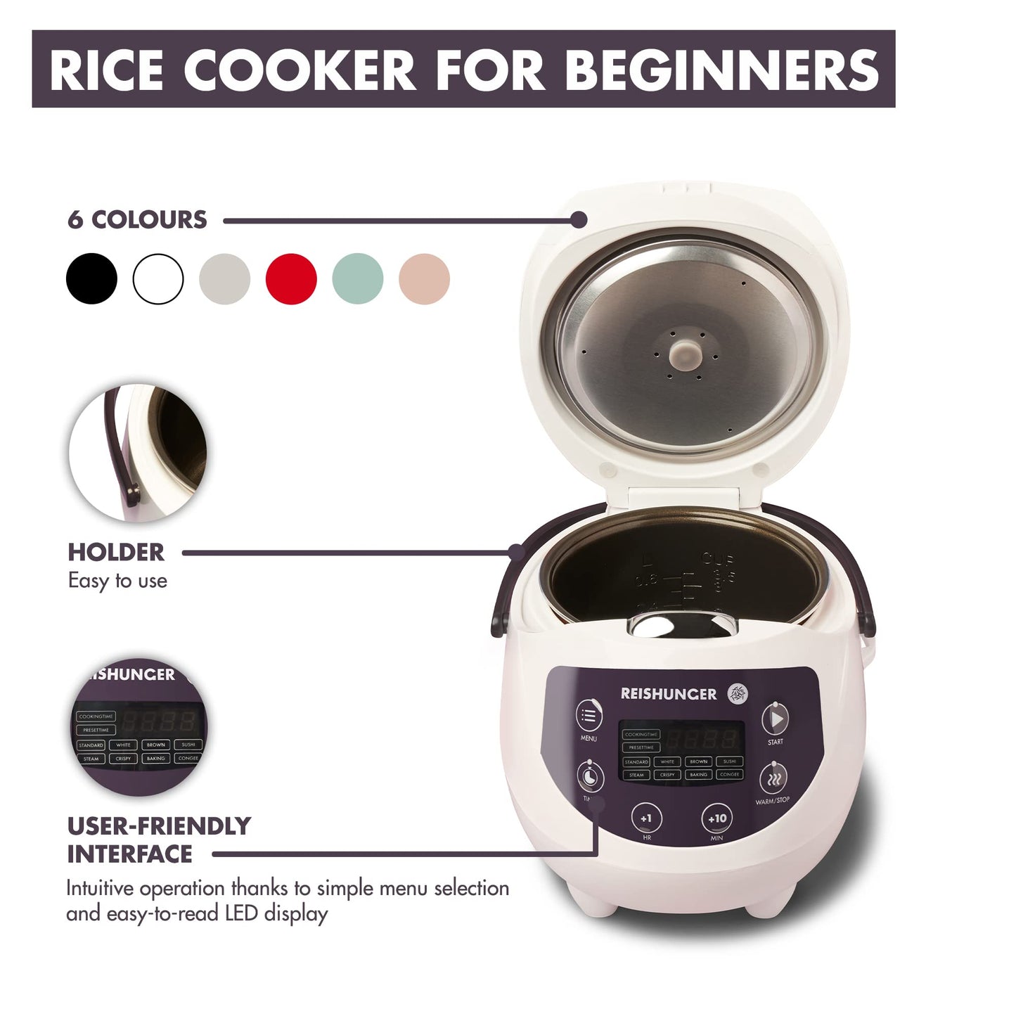 Olla de Arroz Mini Reishunger blanca con Temporizador y Función Calor 8 Programas Olla Interior Premium