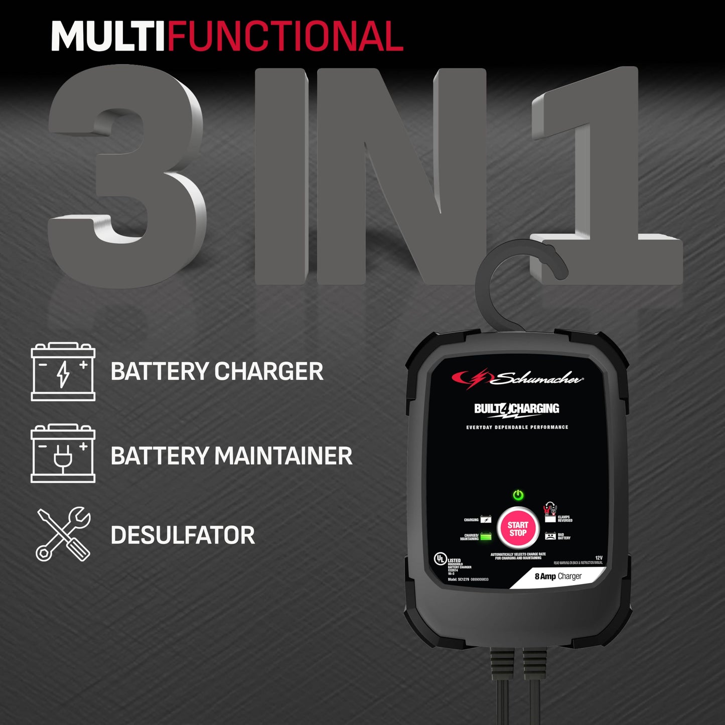 Schumacher SC1279 - Cargador y mantenedor rápido eléctrico 3 en 1, completamente automático, 8 amperios, 12 voltios y 6 voltios con desulfatación para motocicletas, deportes de potencia, marina, coche