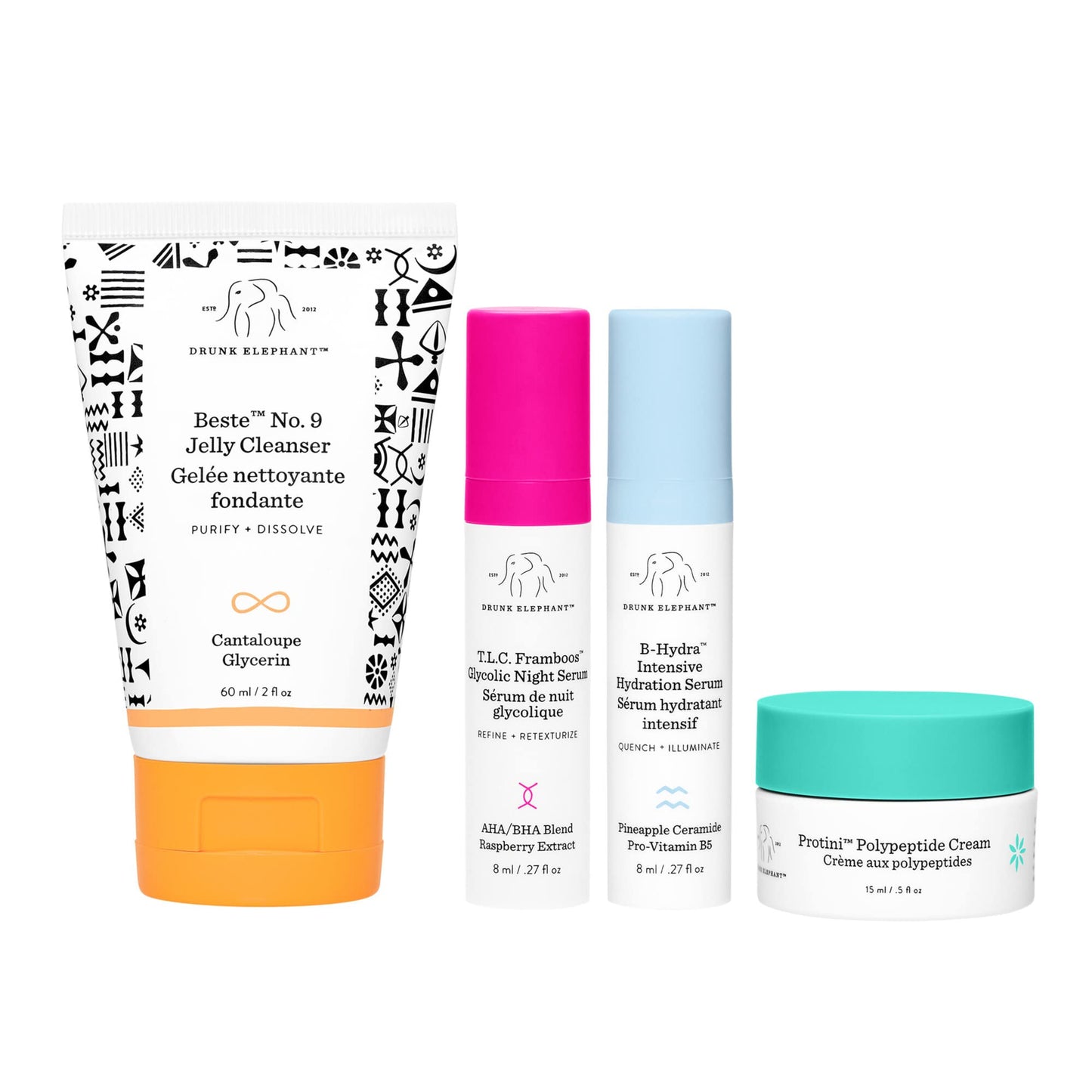 Drunk Elephant Littles Night Out Evening Skin Kit - Juego de cuidado de la piel nocturna, mejor limpiador de gelatina No. 9, T.L.C. Framboos suero glicólico nocturno, suero de hidratación intensiva B-Hydra, crema de péptidos Protini