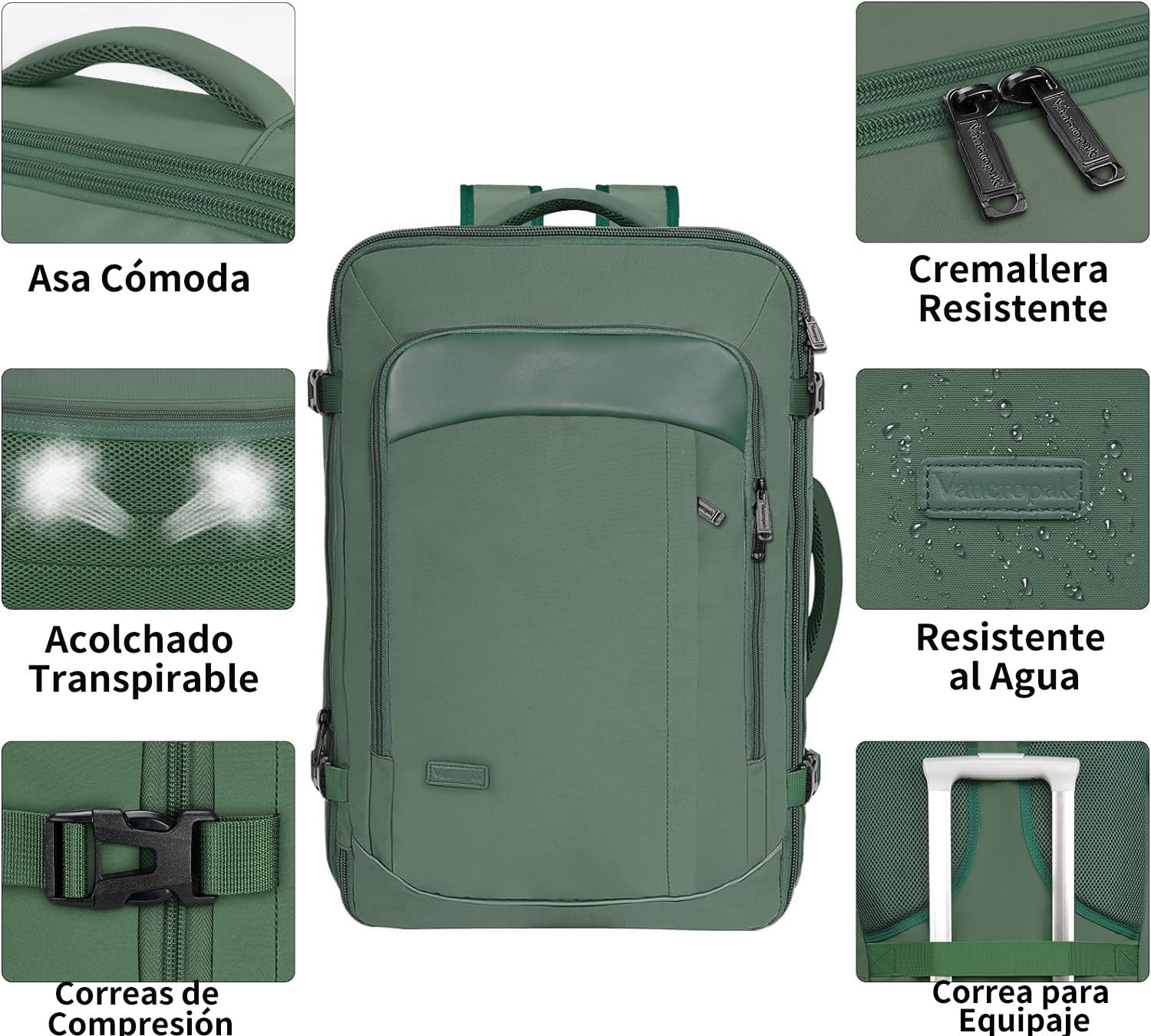 Mochila de Viaje Vancropak Verde Grande Expandible Impermeable para Mujer y Hombre
