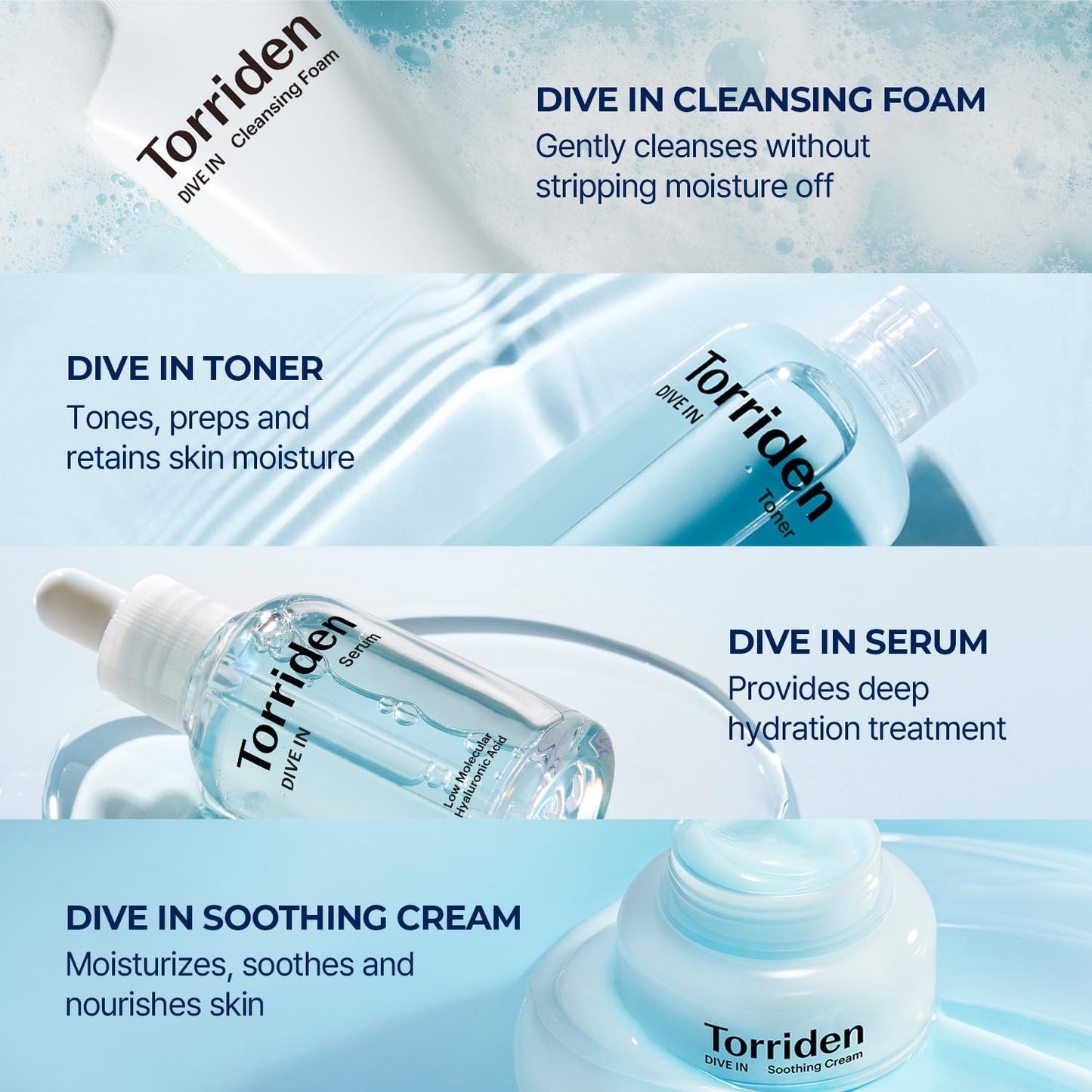 Torriden- Kit de prueba DIVE-IN, kit de cuidado diario de la piel con infusión de ácido hialurónico: régimen de 4 pasos con limpiador en espuma, F