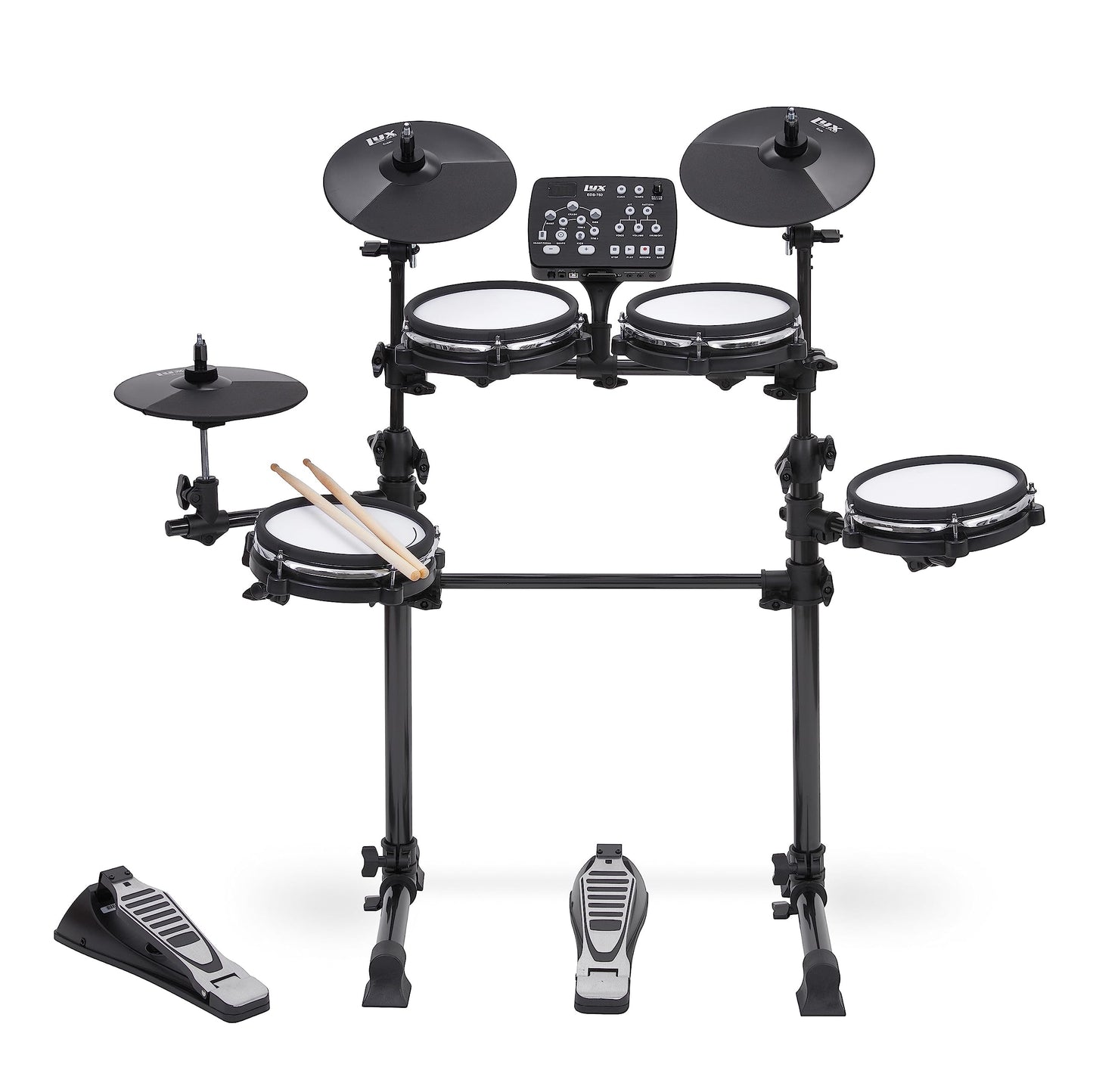 LyxJam - Kit de batería electrónica de 7 piezas, juego de batería profesional con tela de malla real, 209 sonidos precargados, 50 canciones de reproducción largas, capacidad de grabación, platillos y