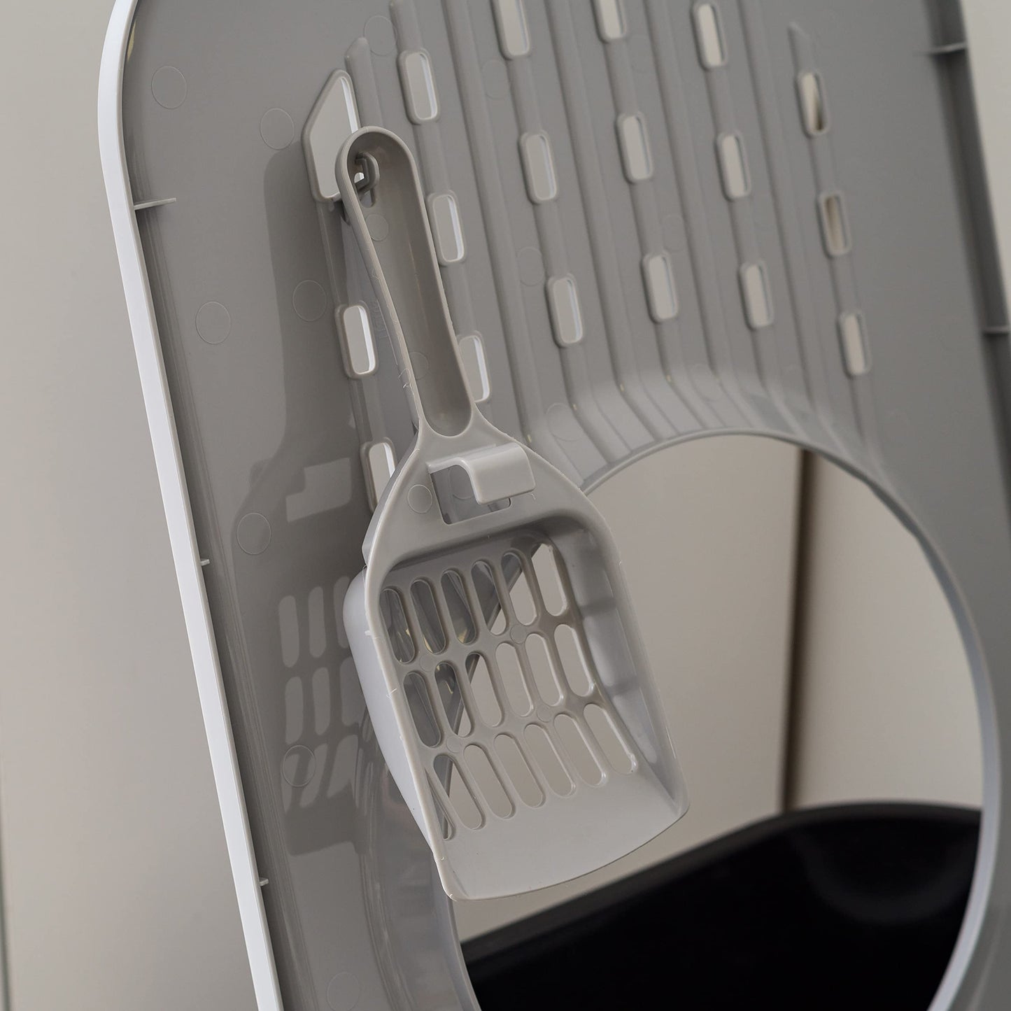IRIS USA Caja de Arena para Gatos Rectangular de Entrada Superior con Paleta, Grande, Caja de Arena para Gatitos, Blanco/Gris