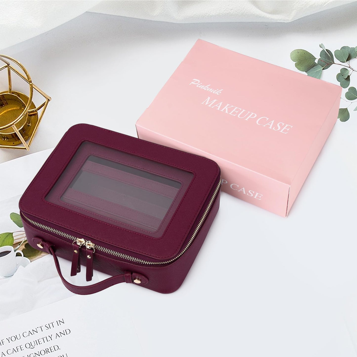 Pinkmik - Estuche para brochas de maquillaje transparente de viaje y neceser, bolsa de maquillaje pequeña con cierre, organizador para mujer, B5/Borgoña, L+M+SLIM, Set de maquillaje de viaje