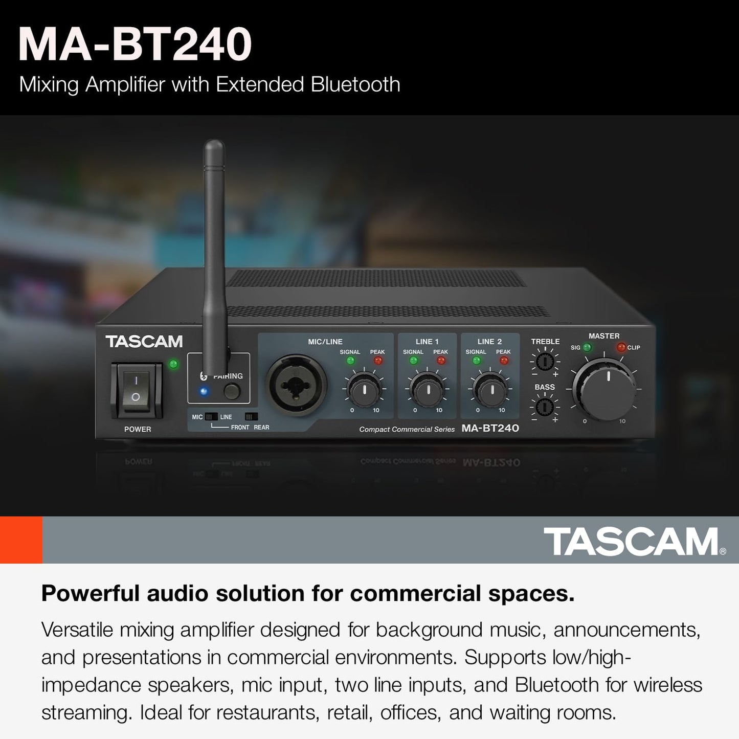 Amplificador de Mezcla TASCAM Bluetooth 240 W para Espacios Comerciales e Instituciones