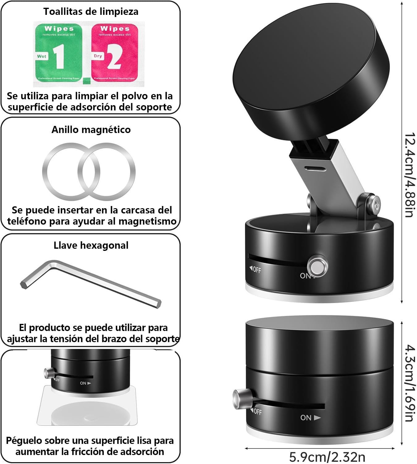 Soporte para Celular Vacuum Magnetic Negro de Rotación 360 Grados, Plegable y Retráctil para Todo Tipo de Superficie