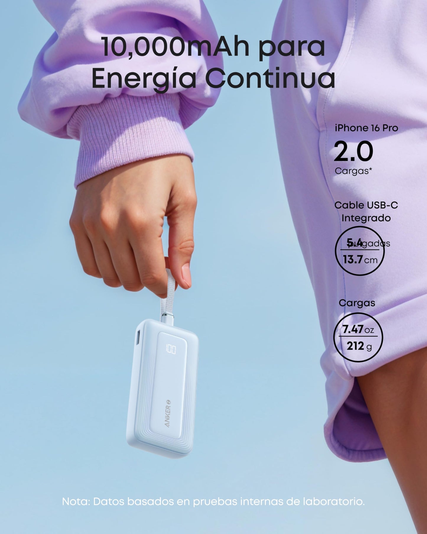 Power Bank Anker Zolo Negro 10000 mAh 30W con Cable USB C Integrado para iPhone, MacBook, Galaxy
