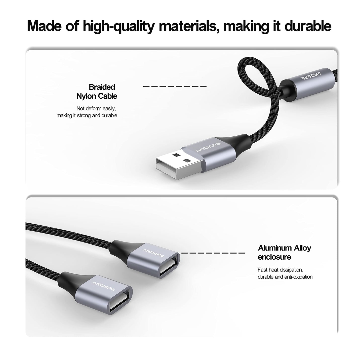 ANDAPA Divisor USB, convertidor de cable de extensión USB de 1 entrada y 2 salidas para PC, Mac, coche, Xbox One Series X/S, PS4, PS5, laptop