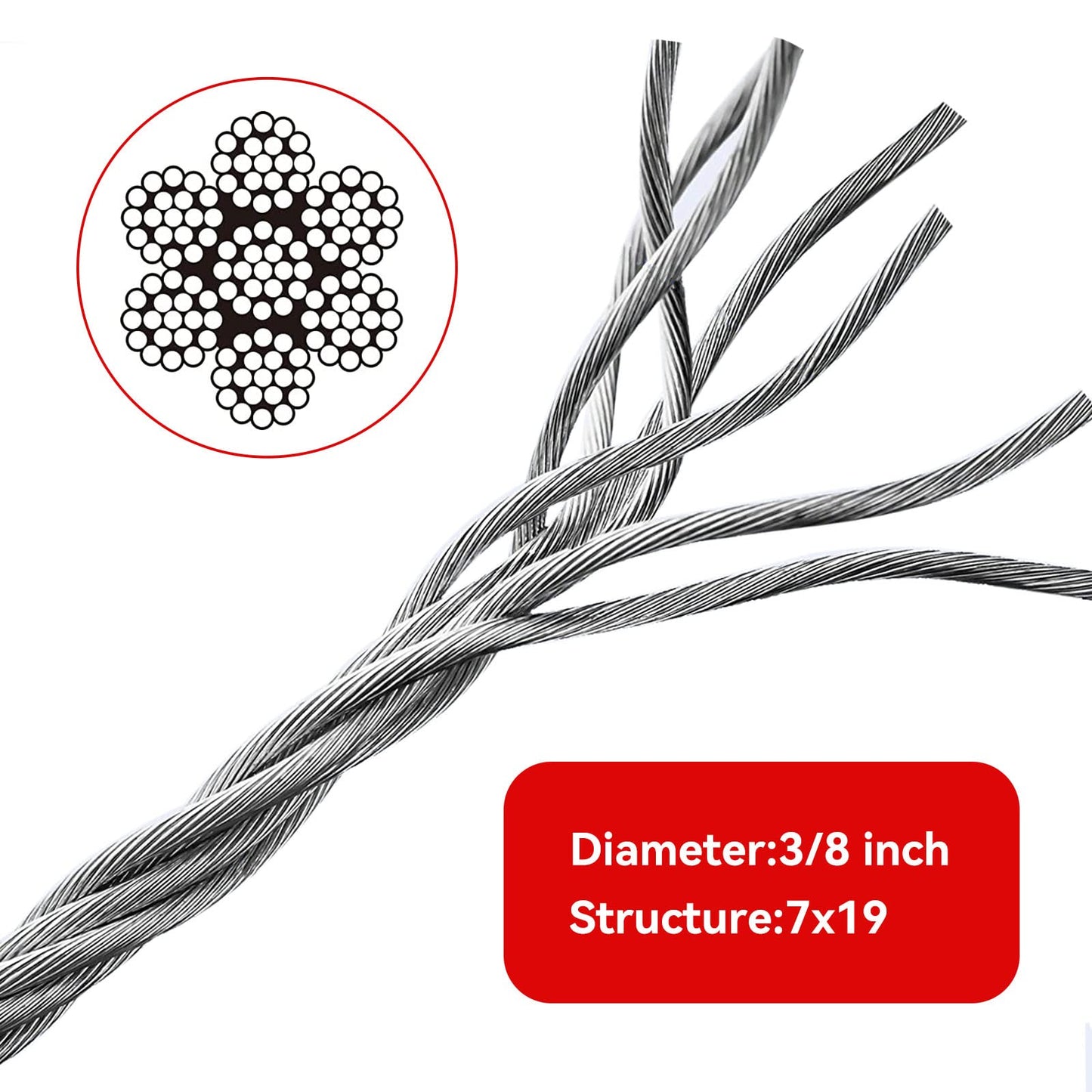 Cable de cabrestante, cable de remolque resistente, con 2 ganchos deslizantes de abrazadera en U de 3/8 pulgadas, construcción trenzada de 7 x 19, resistencia a la rotura de 100 pies