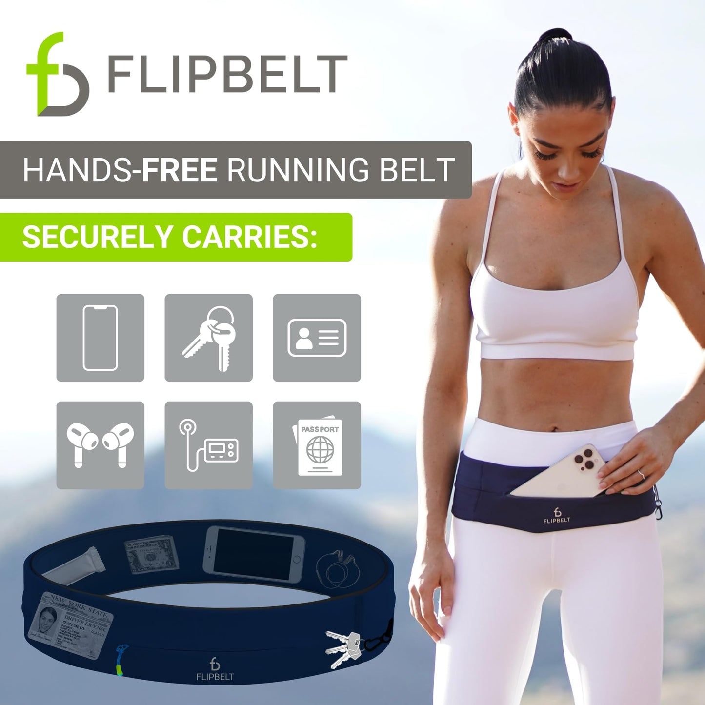 Cinturón FlipBelt azul medianoche con cierre para correr y fitness para Mujeres y Hombres