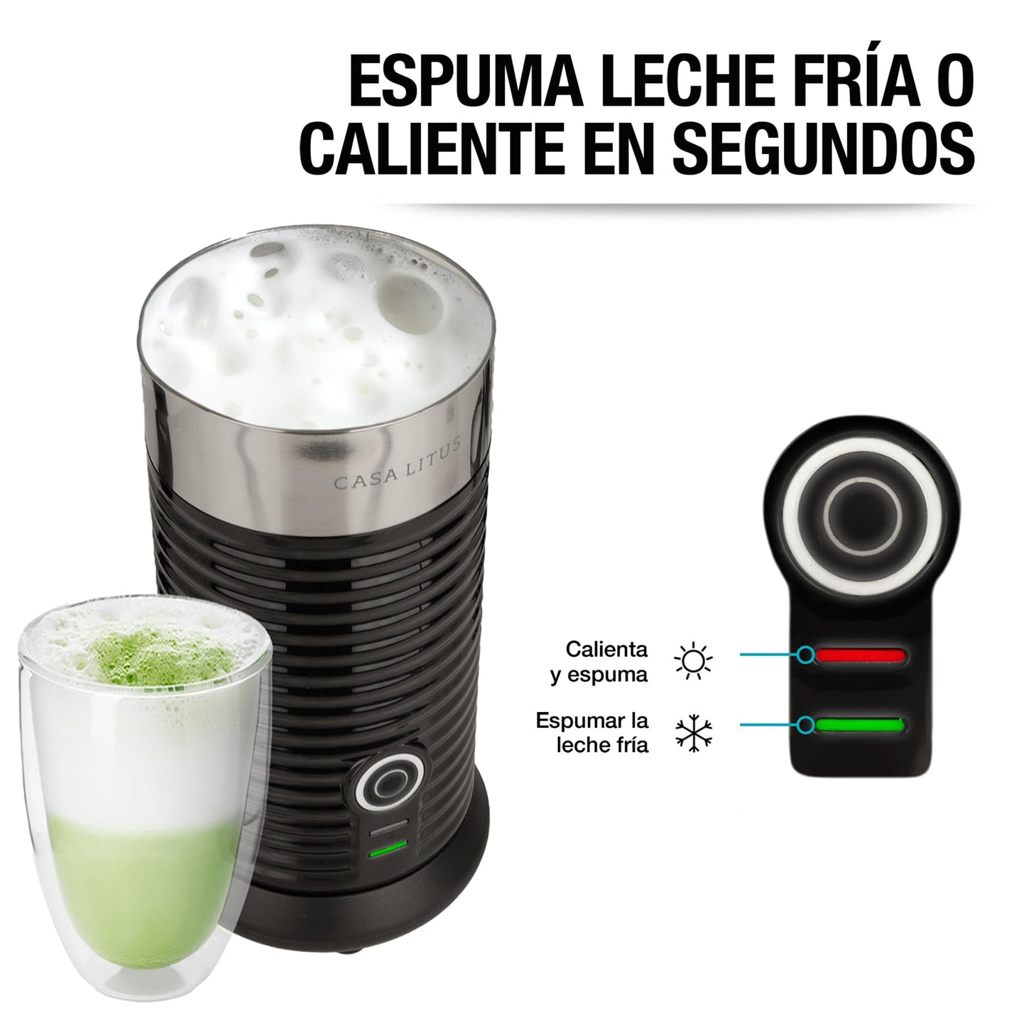 CASA LITUS Espumador de Leche Eléctrico Profesional de Acero Inoxidable (190 ml), Calienta y Espuma en Segundos, Batidora para Capuchino, Latte, Matcha y Chocolate, Leche Caliente y Fría, Mod. Beirut