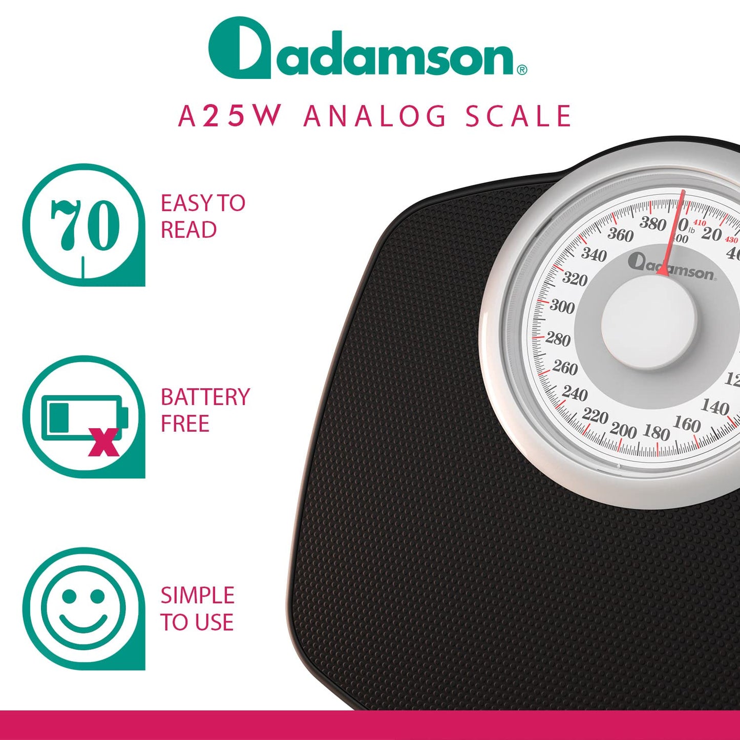 Adamson Báscula A25W para peso corporal, hasta 400 libras, esfera de 5.3 pulgadas en plataforma de 12.5 x 10.2 pulgadas, superficie de goma antideslizante, báscula de baño de alta precisión, analógica