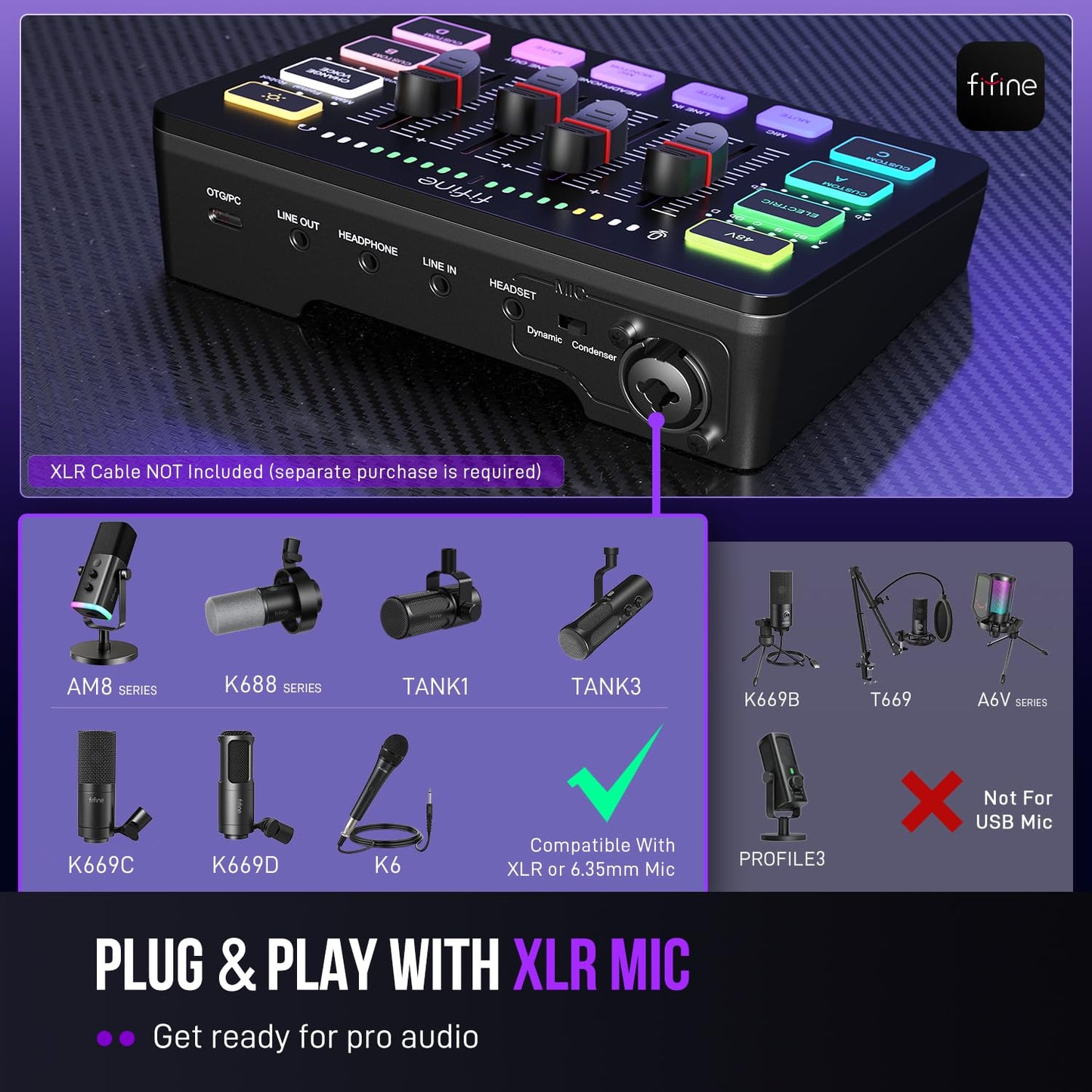 FIFINE Mezclador de Audio para Streaming, Mezclador RGB con Interfaz de Micrófono XLR, Atenuador de Volumen, Alimentación Fantasma de 48V en Mac/PC, para Voz de Gaming/Podcast/Grabación-AmpliGame SC3