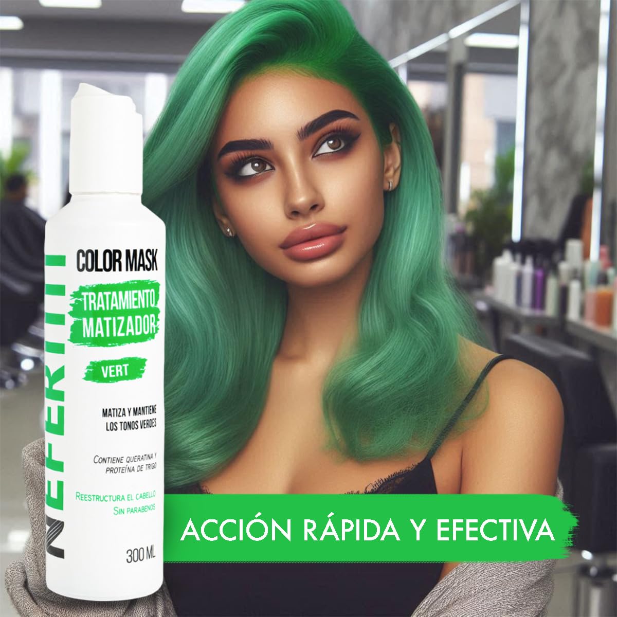 Tratamiento para el Cabello Nefertiti Vert Verde con Keratina y Proteína de Trigo Sin Parabenos