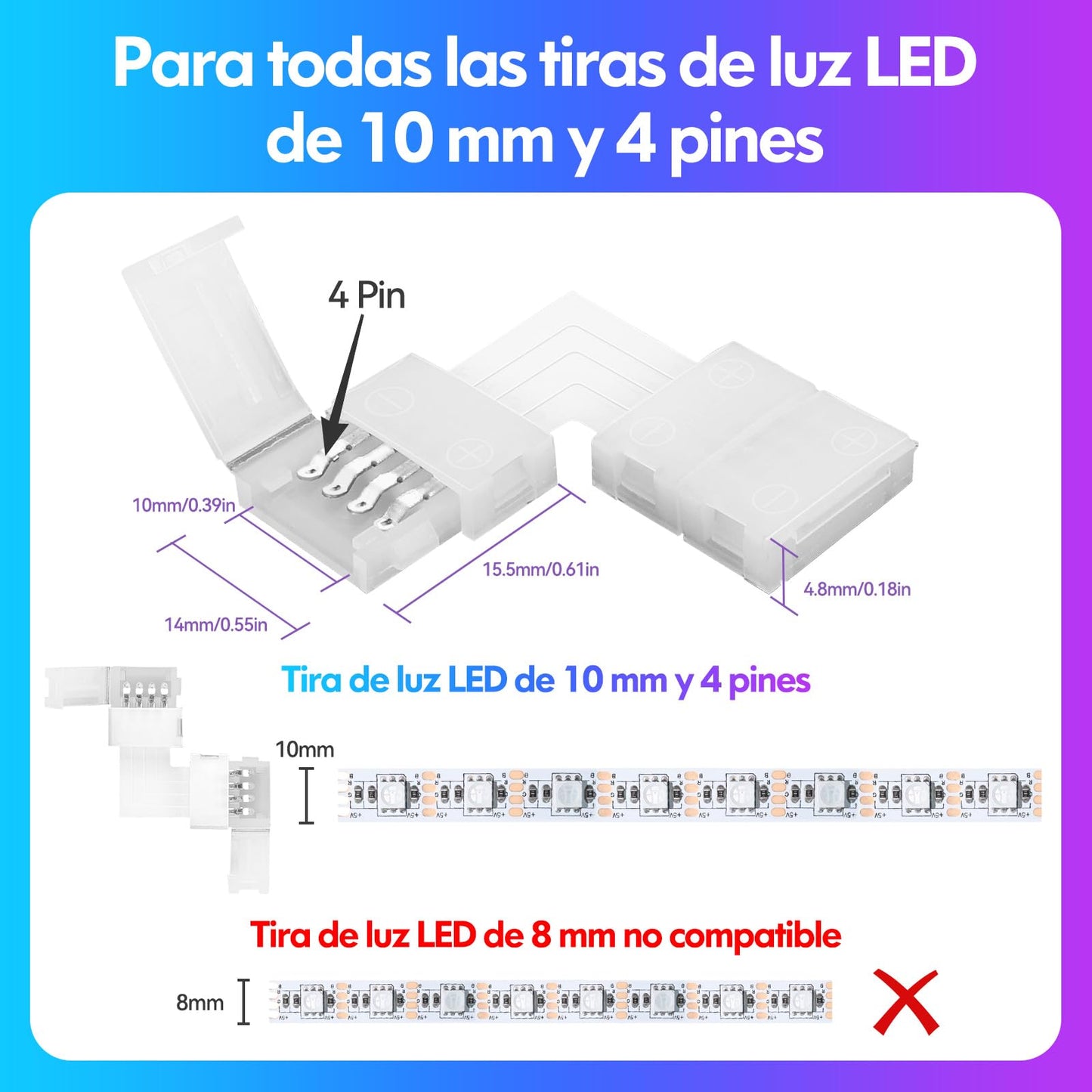 Conectores LED 4 Pines en Forma L 10mm para Extensión de Tiras LED sin Soldadura 10 Piezas