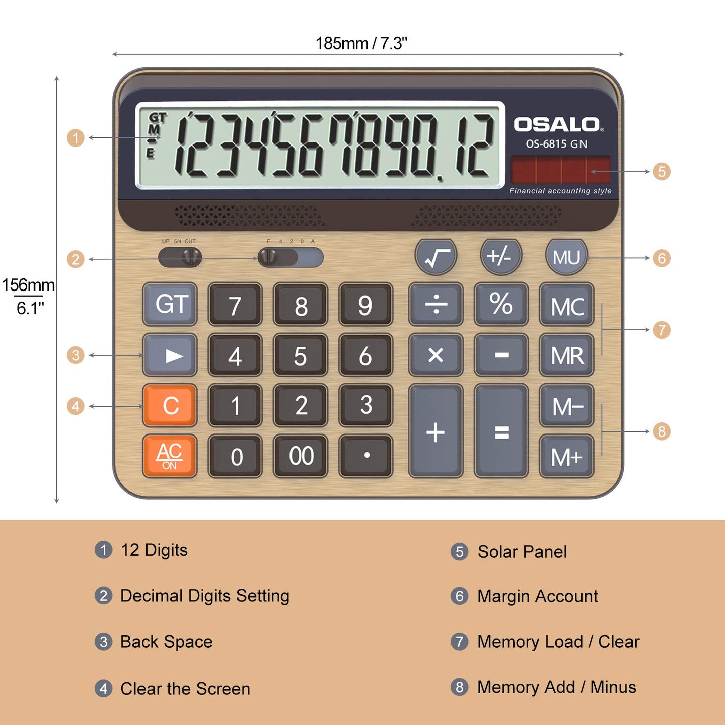 Calculadora de Escritorio Pantalla LCD Extra Grande de 5 Pulgadas Calculadora de Contabilidad de números Grandes de 12 dígitos con botón de Respuesta Gigante (6815GN-2 Piezas)
