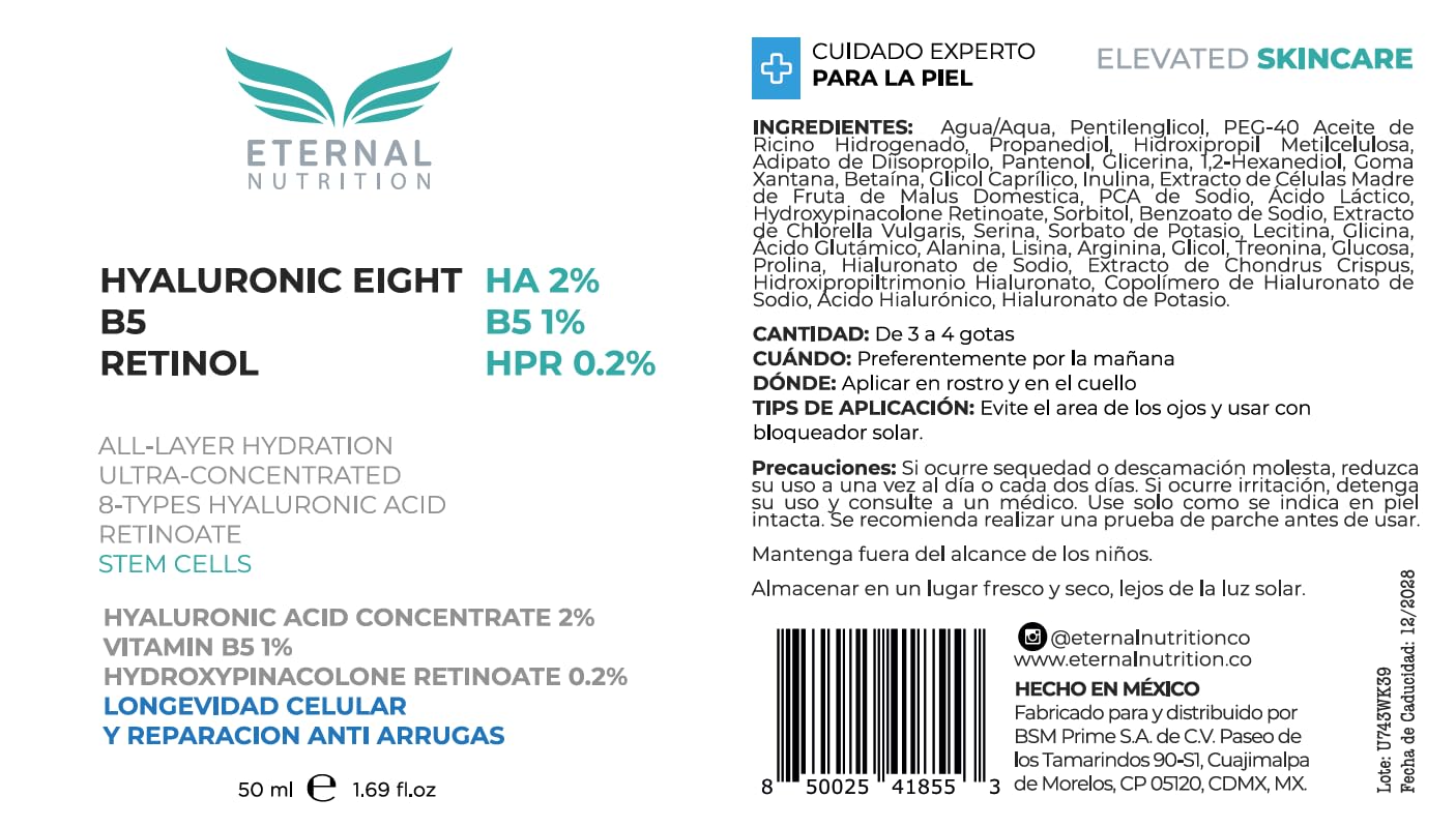 Serum HYALURONIC EIGHT 2%, Vitamin B5 1%, Retinol 0.2%. 50 ml. Suero Ultra Hidratante Antiarrugas | Ingredientes Naturales | Skin Care | Piel Sana y Joven Uniforme | Textura Ligera | Para Todo Tipo de Piel by ETERNAL NUTRITION